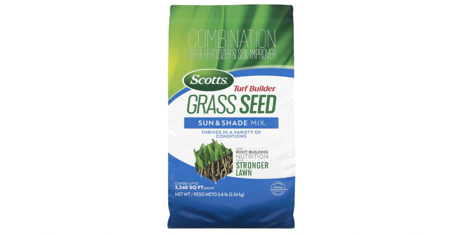  Scotts Turf Builder Grass Seed Sun and Shade Mix - Grass Seed Plus Lawn Fertilizer and Soil Improver, Covers Up to 2,240 sq. ft., 5.6 lb.