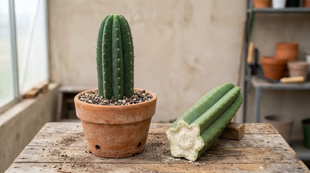 Side-by-side comparison of a rooted San Pedro cactus in a terracotta pot and an unrooted tip cutting on a wooden workbench.