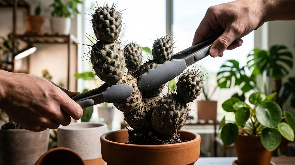 A person using silicone-tipped kitchen tongs to safely handle and repot a fragile pine cone cactus indoors.