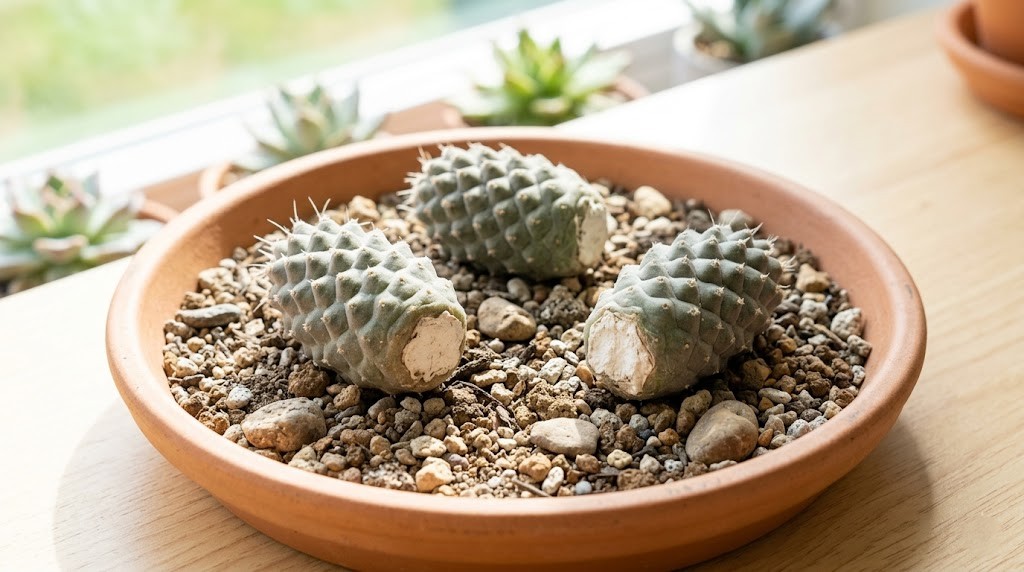 Three calloused pine cone cactus segments resting on top of dry, gritty soil for indoor propagation.