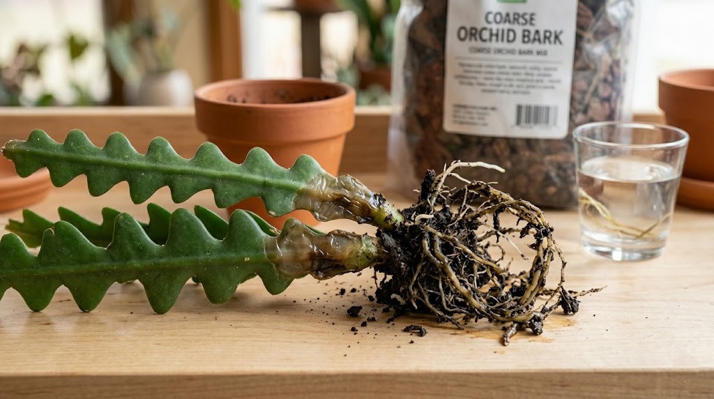 A diseased ric rac cactus plant removed from soil, displaying dark, mushy, rotted stems at the root base.