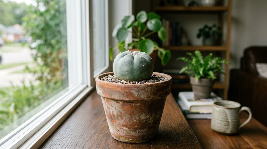 Healthy Lophophora williamsii cactus cultivated ornamentally in a terracotta pot indoors.