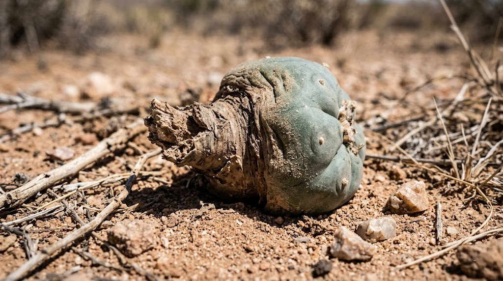 Visual evidence of poached peyote cactus showing damaged taproot severed from desert soil.