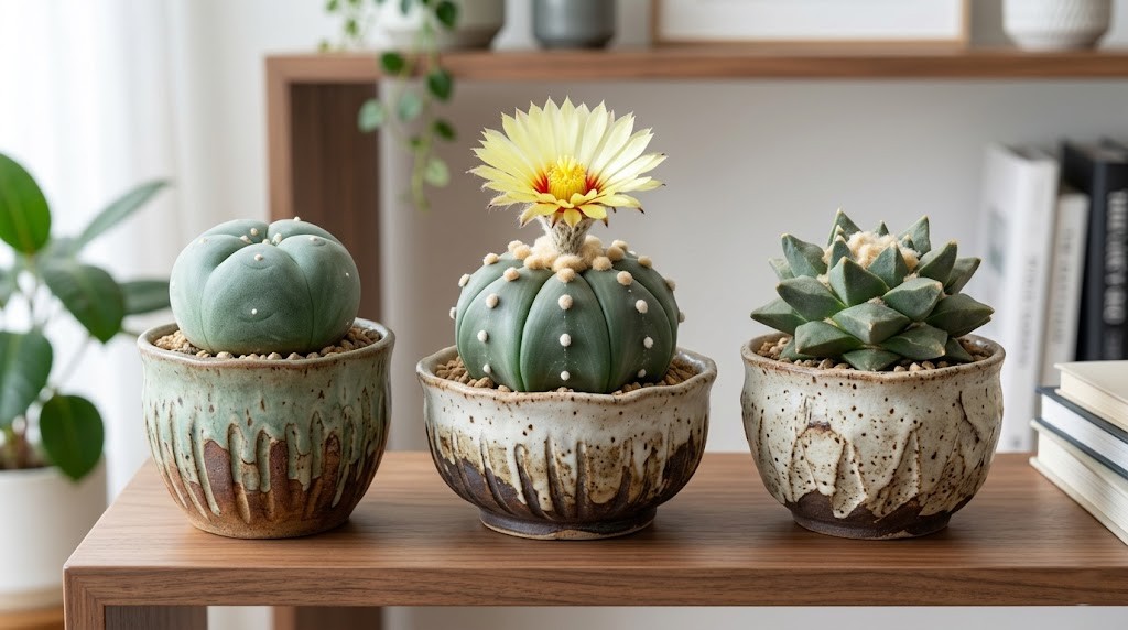 Group shot of legal peyote cactus alternatives including Astrophytum asterias, Lophophora diffusa, and Ariocarpus retusus.