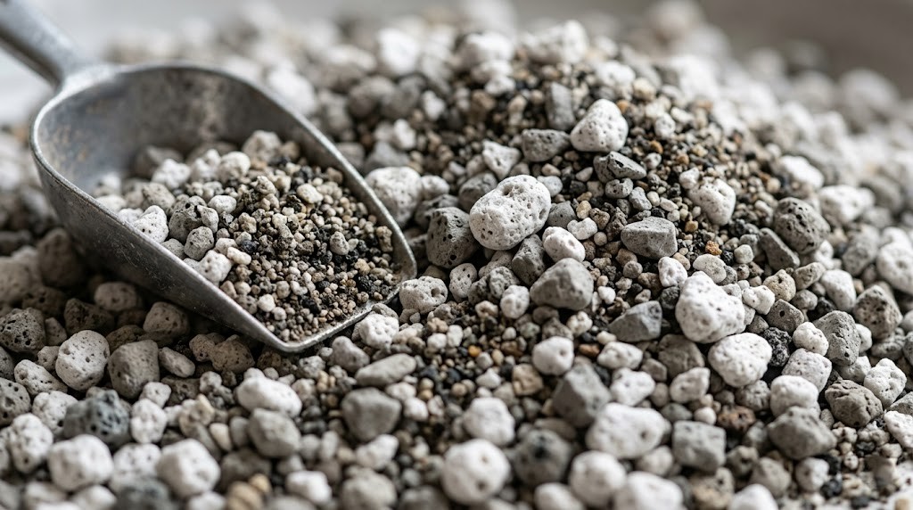 Gritty mineral soil mixture showing pumice, expanded shale, and volcanic sand ideal for cactus cultivation.