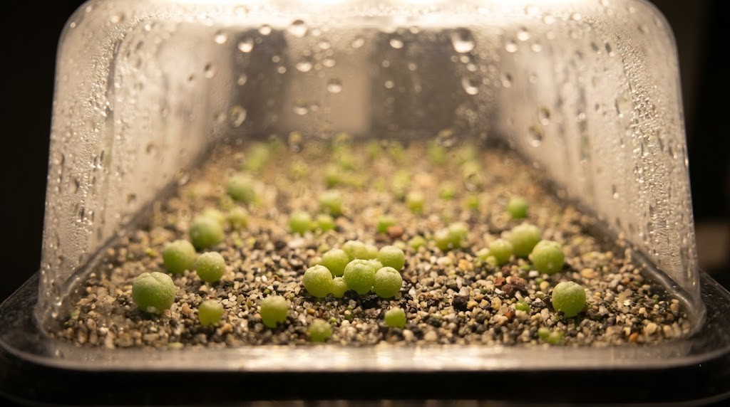 Macro view of tiny Lophophora seedlings germinating inside a humid, clear plastic environment under grow lights.