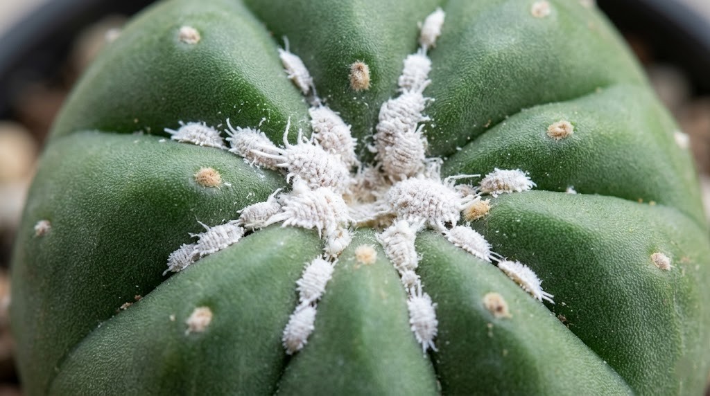 Extreme close-up identification of mealybugs on a green spineless cactus body.