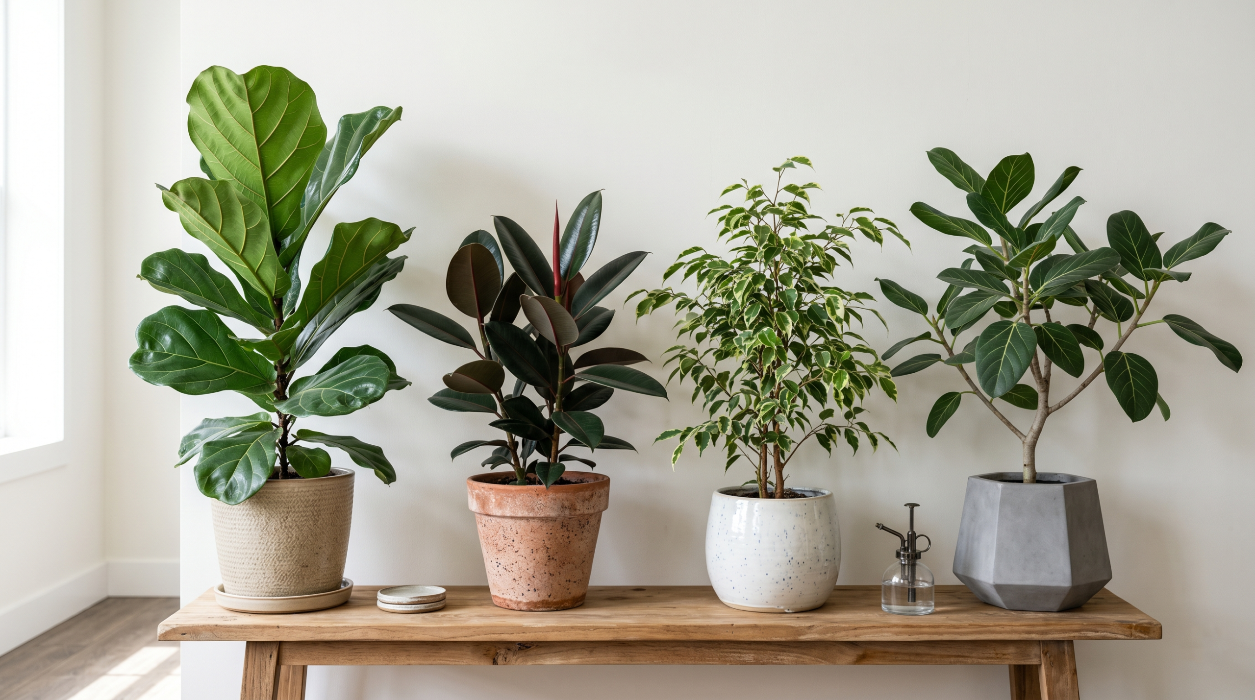 Popular indoor ficus tree varieties including fiddle leaf fig and rubber plant