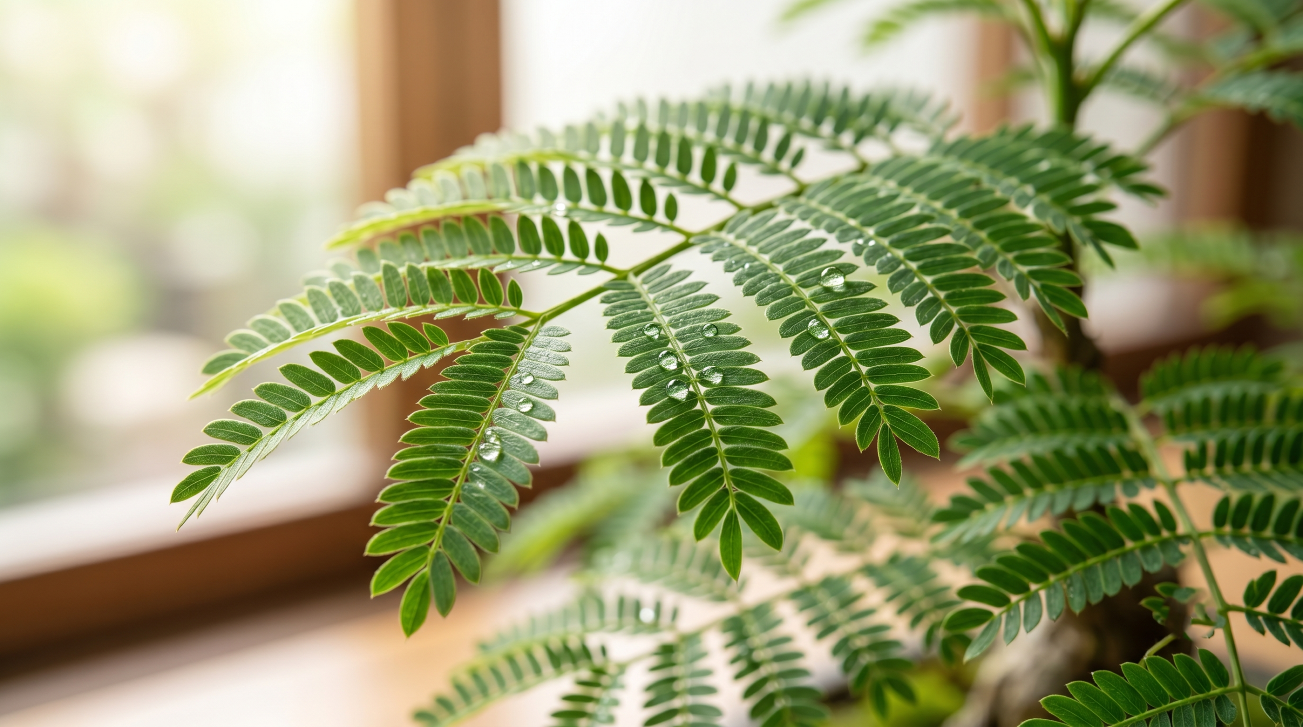 Close-up of the delicate bipinnate fern-like green leaves of an indoor jacaranda bonsai tree.