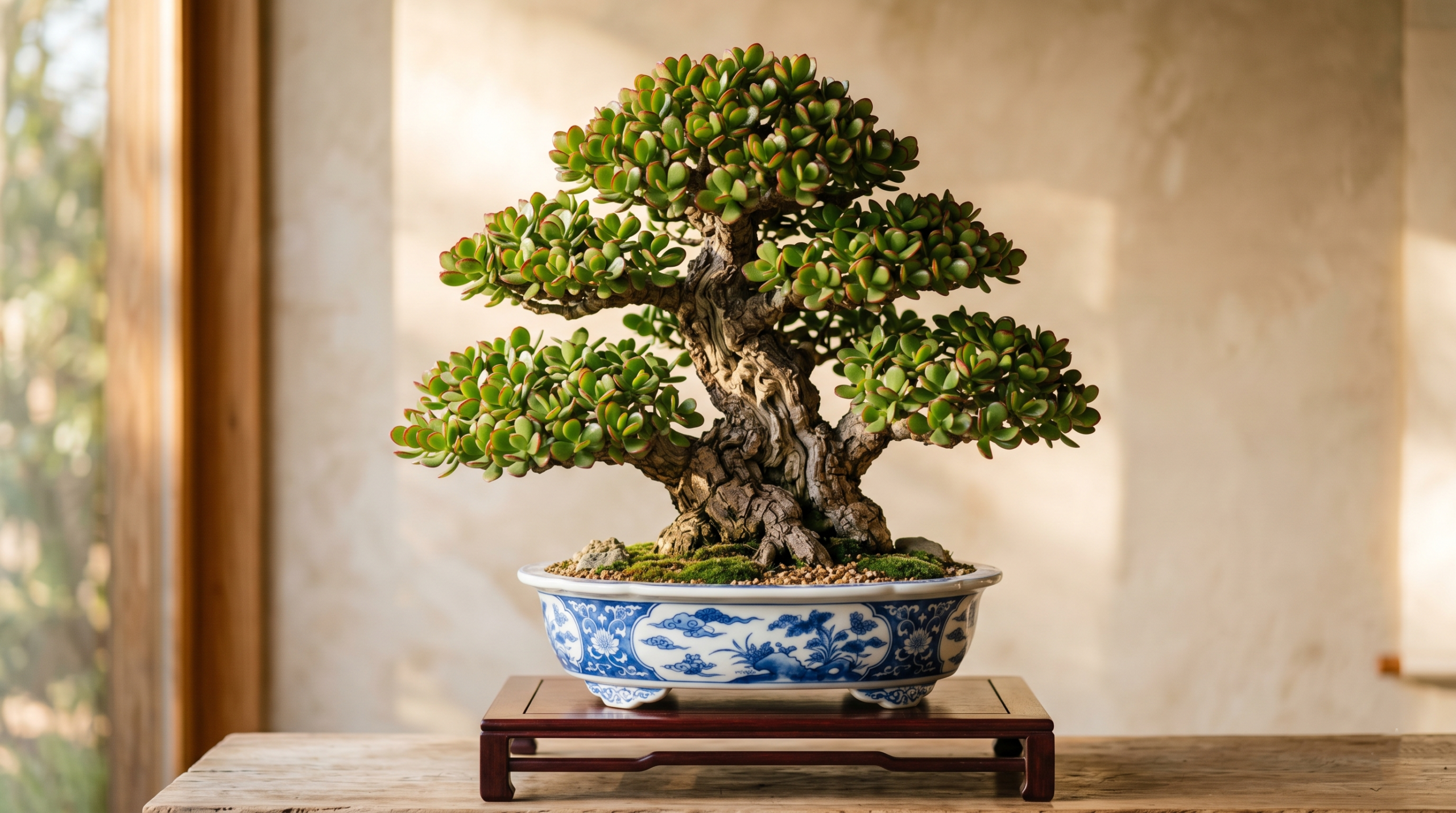 Stunning mature Jade Plant Bonsai with a thick trunk and red-edged leaves in a blue ceramic pot.