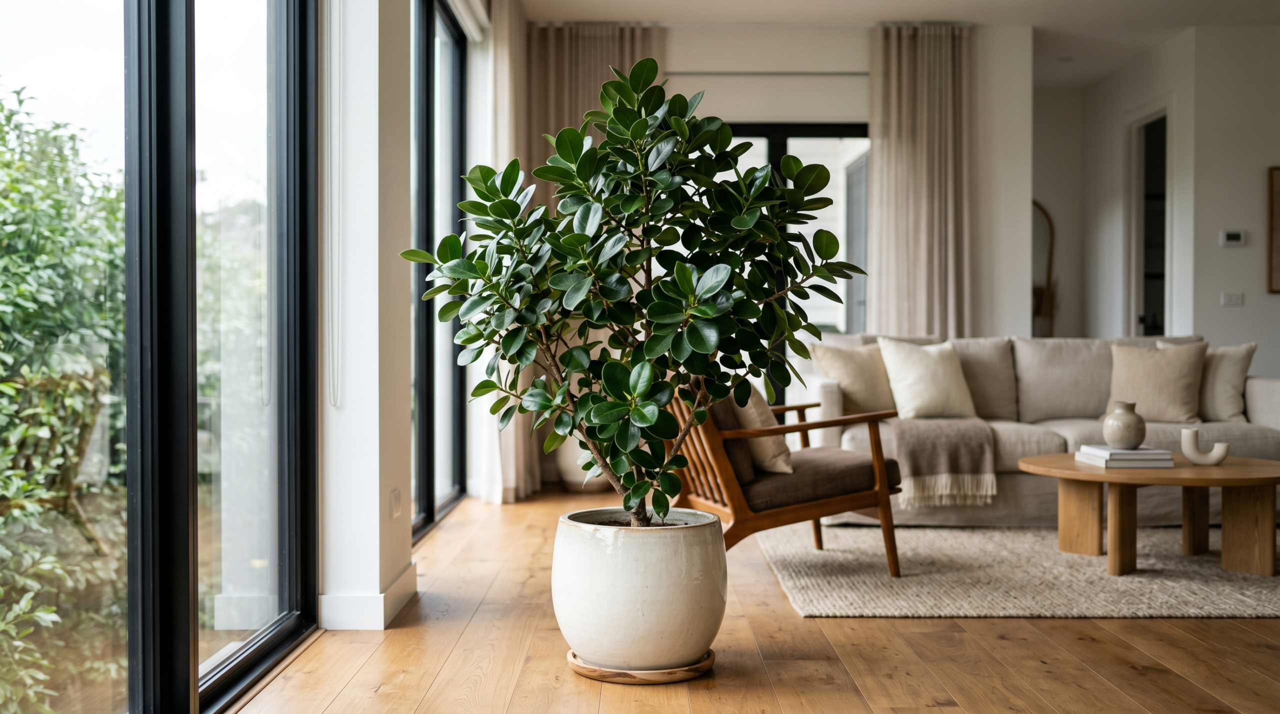 Healthy Ficus Moclame indoor tree in a modern living room