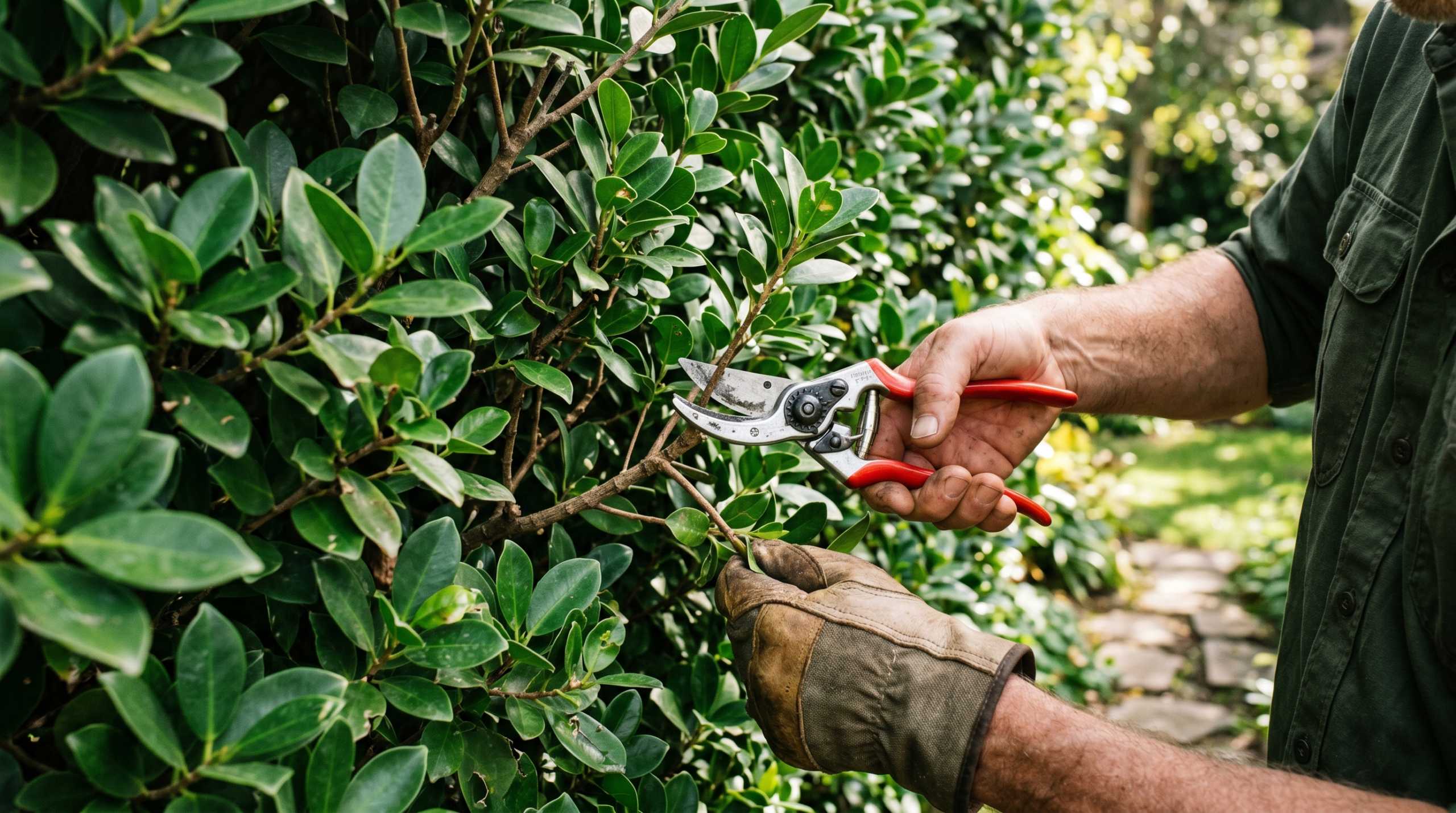 Pruning a ficus hedge to encourage dense and healthy growth