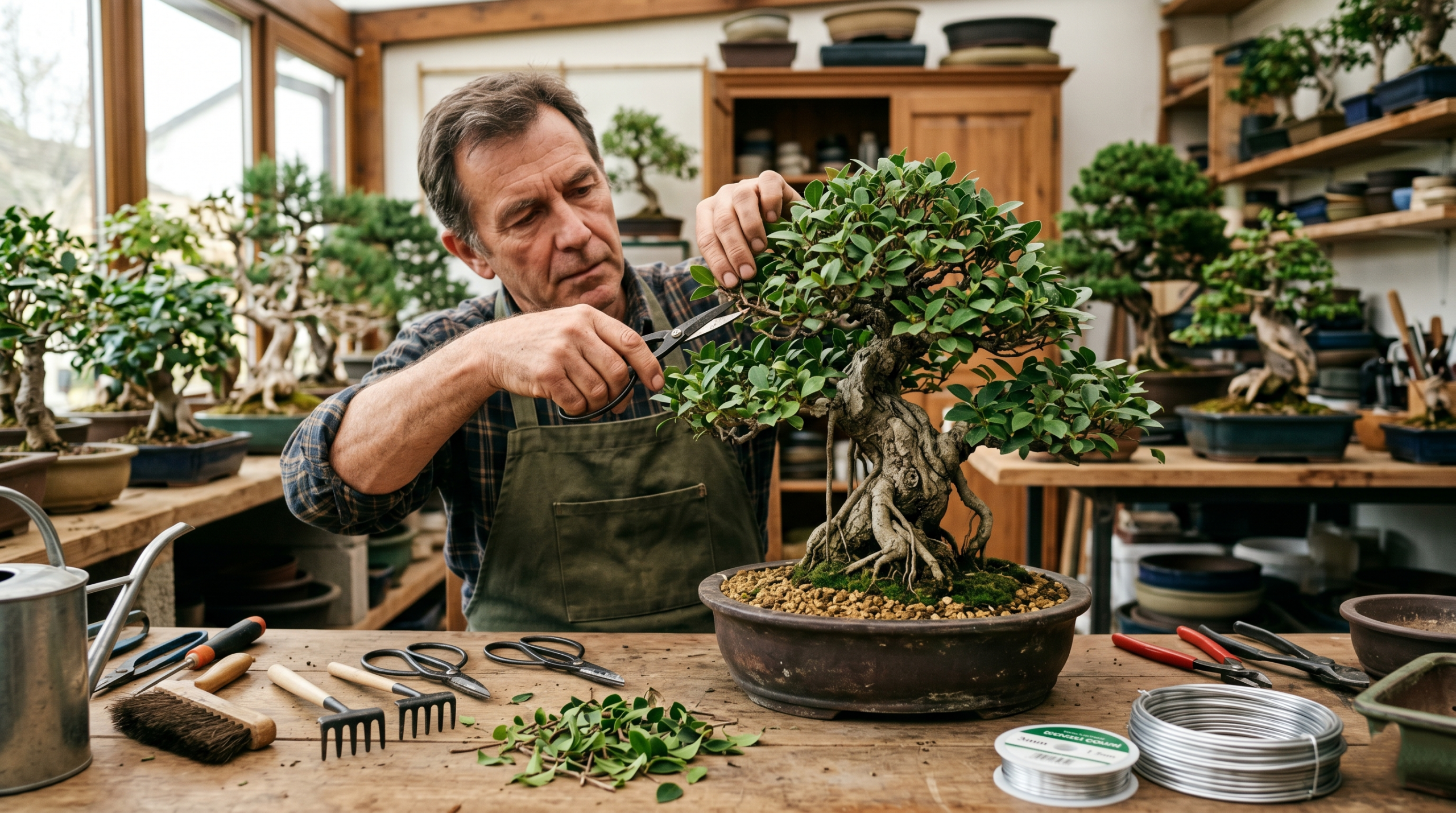 Pruning and shaping a bonsai ficus tree indoors