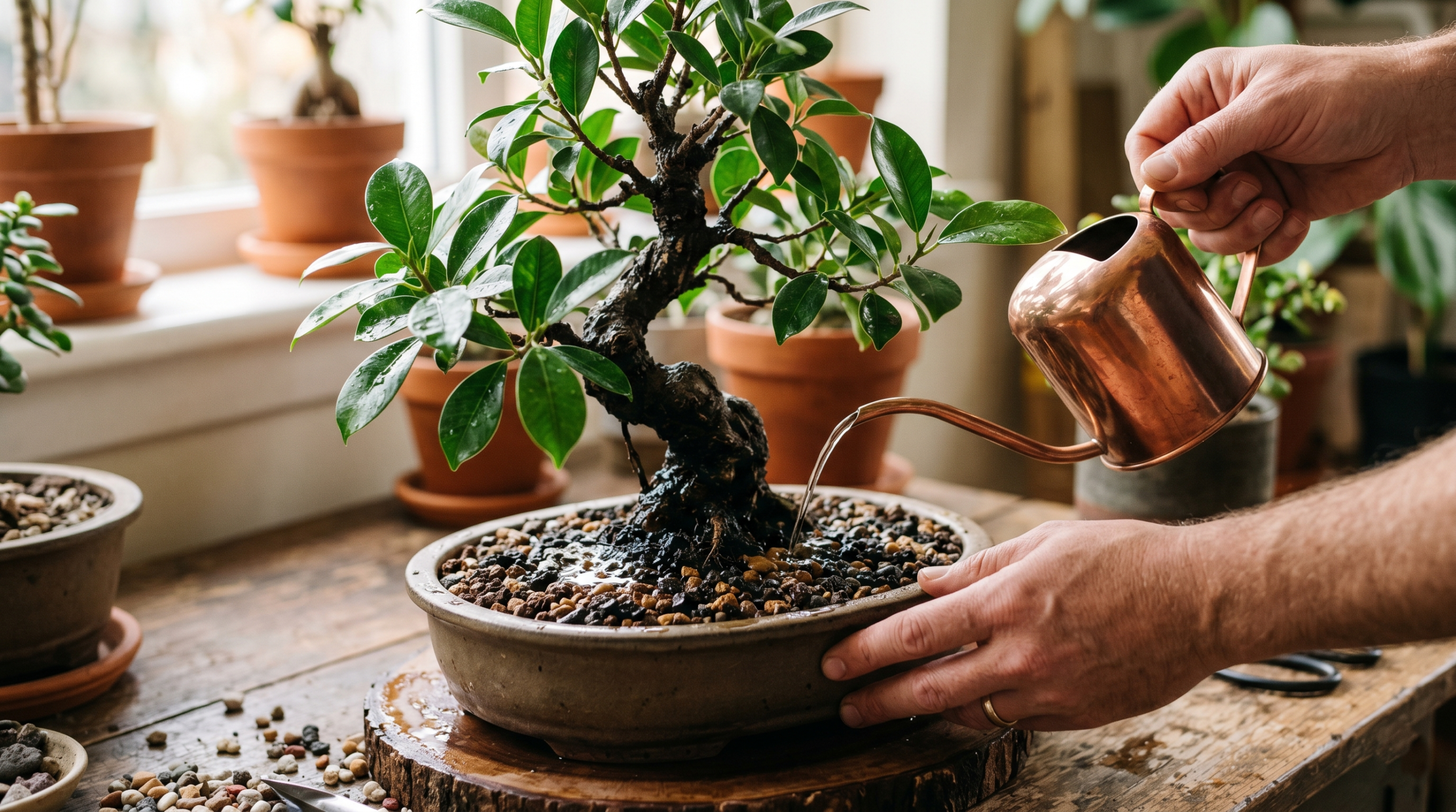 Proper watering method for indoor bonsai ficus tree care