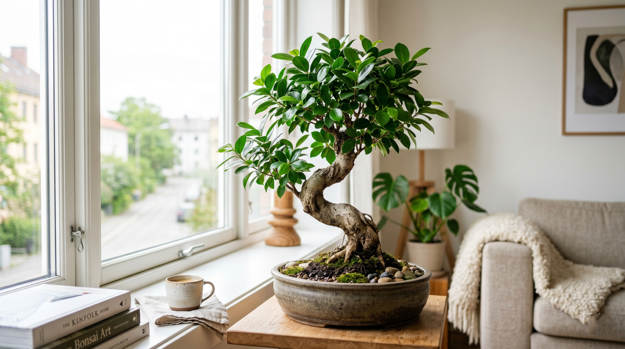 Healthy bonsai di ficus placed near a bright indoor window for ideal lighting