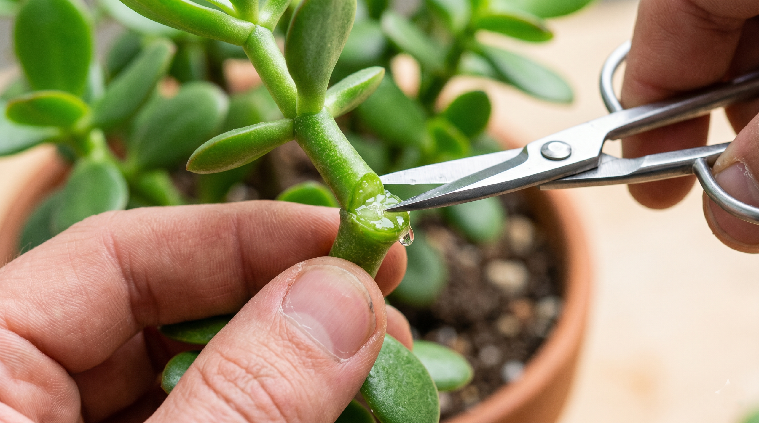 Close-up of bonsai shears cutting a thick Jade plant stem just above a leaf node for shaping.