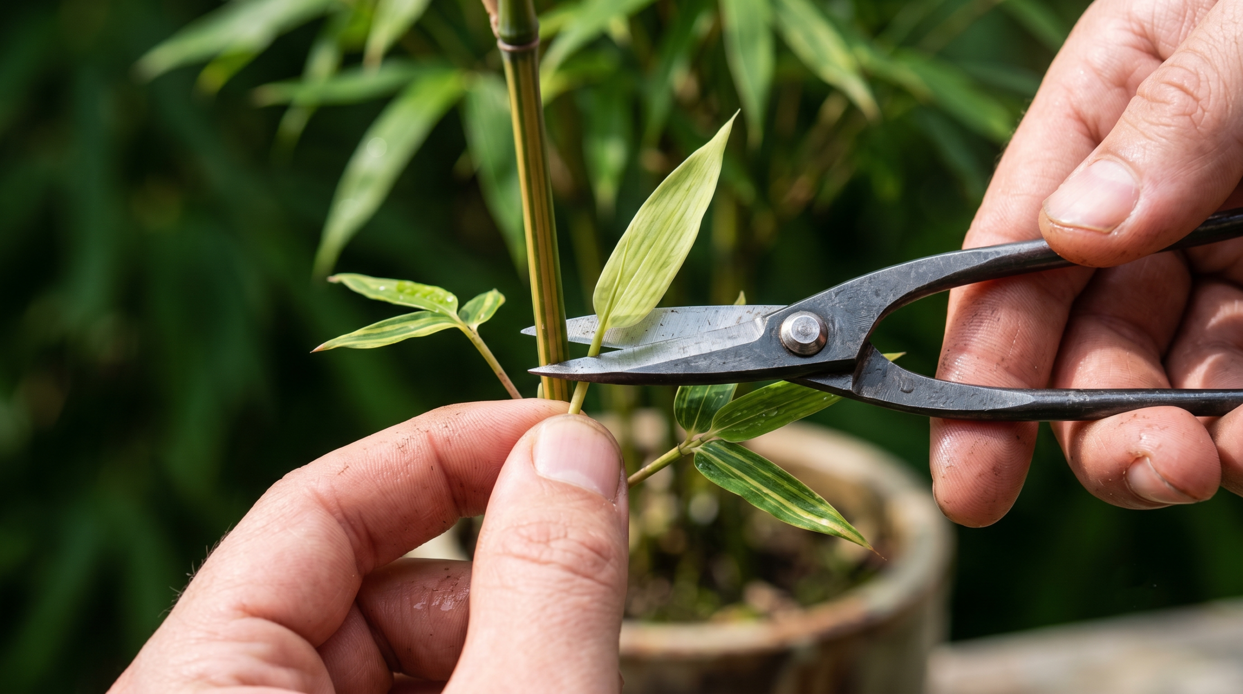 Precision pinching technique on true bamboo bonsai foliage to maintain compact shape.