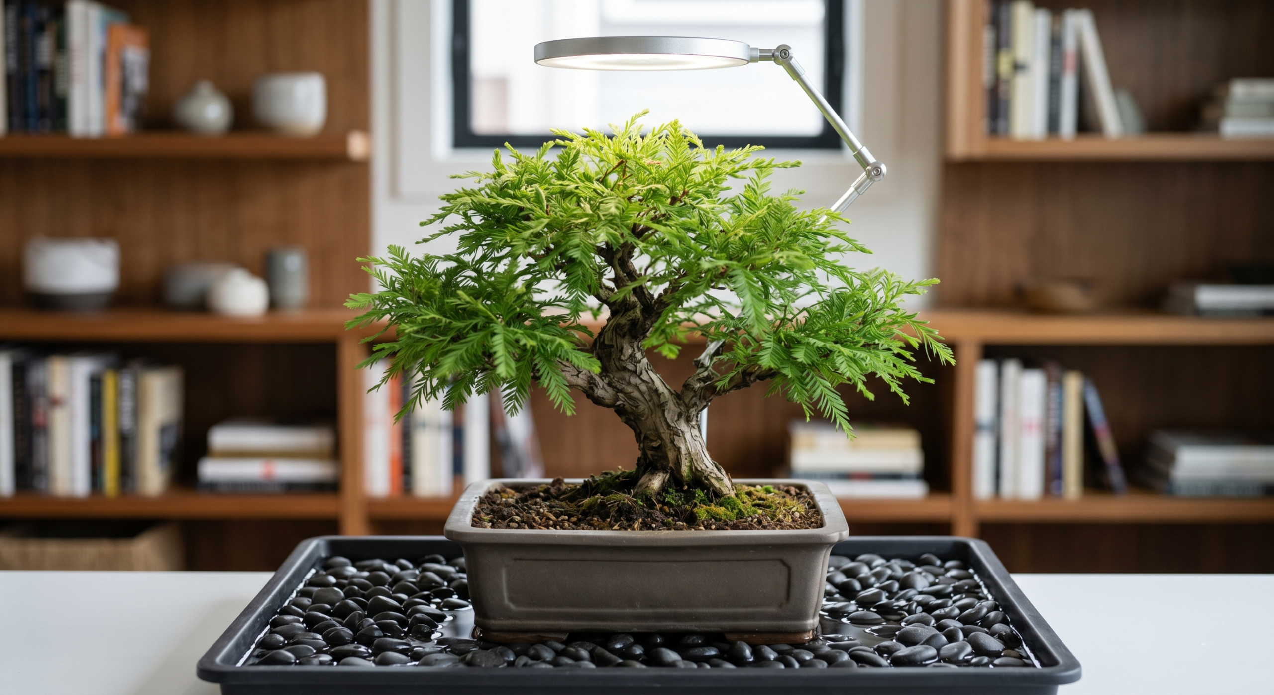 indoor-bald-cypress-bonsai-on-humidity-tray-under-grow-light