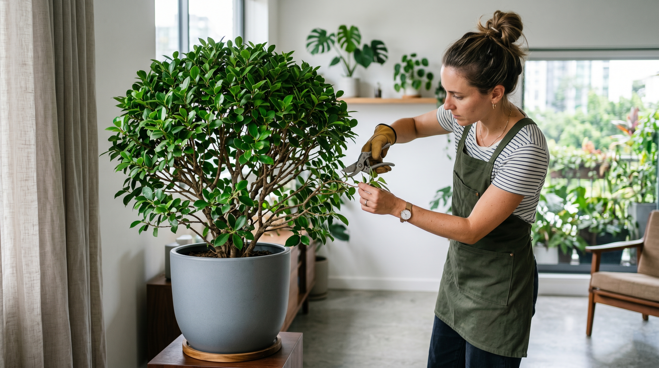 Pruning a healthy Ficus Moclame indoor plant for fuller growth