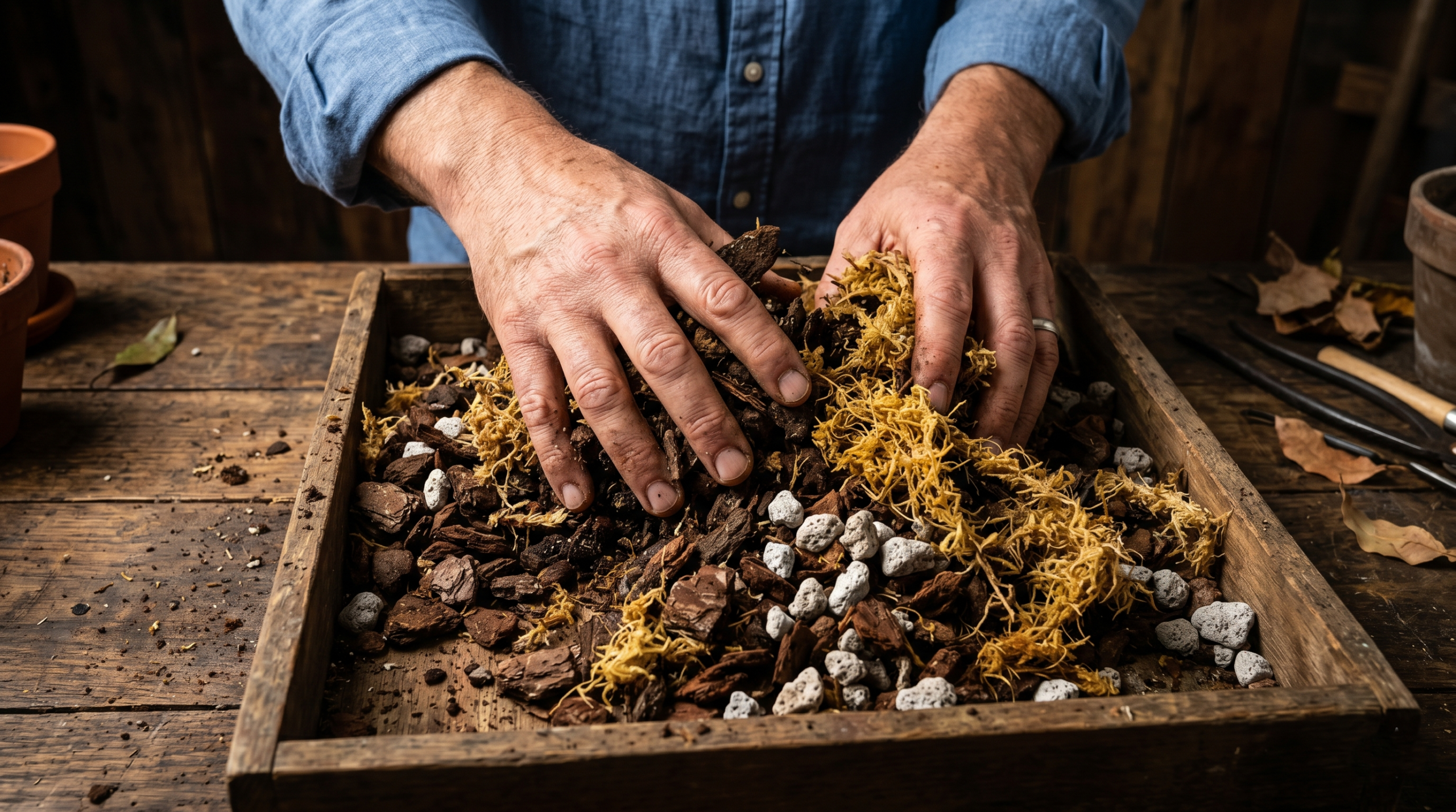 Hands mixing organic and inorganic bonsai soil components including sphagnum moss, bark fines, and pumice stones.