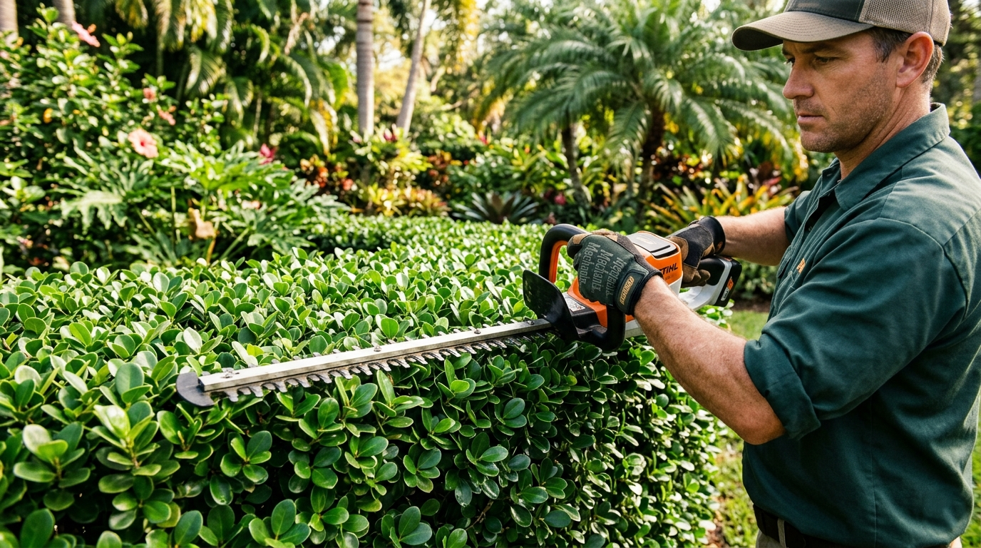 Professional pruning and shaping of a healthy green island ficus hedge
