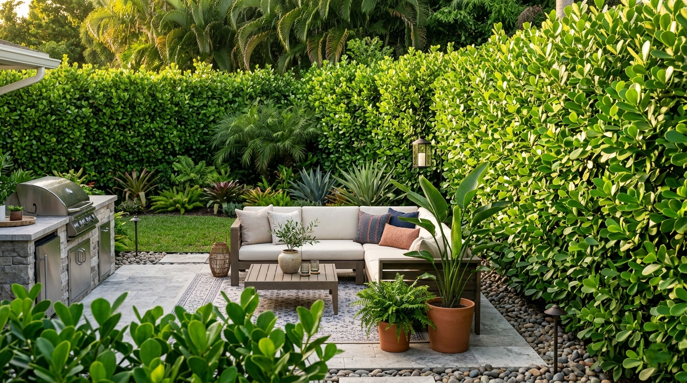 Dense outdoor ficus hedge used as a natural privacy screen in a modern backyard