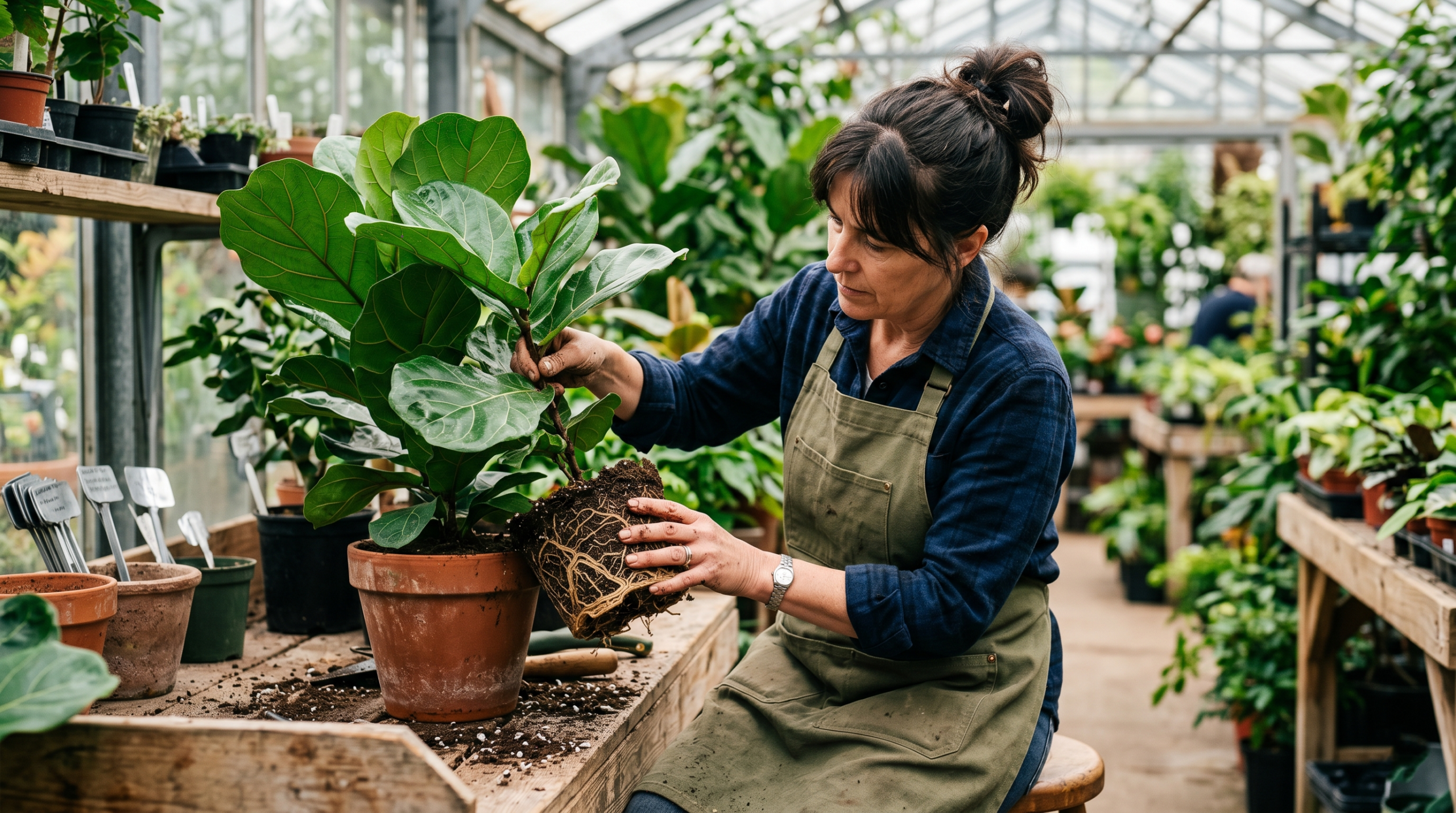 Inspecting a healthy ficus tree before buying at a plant nursery