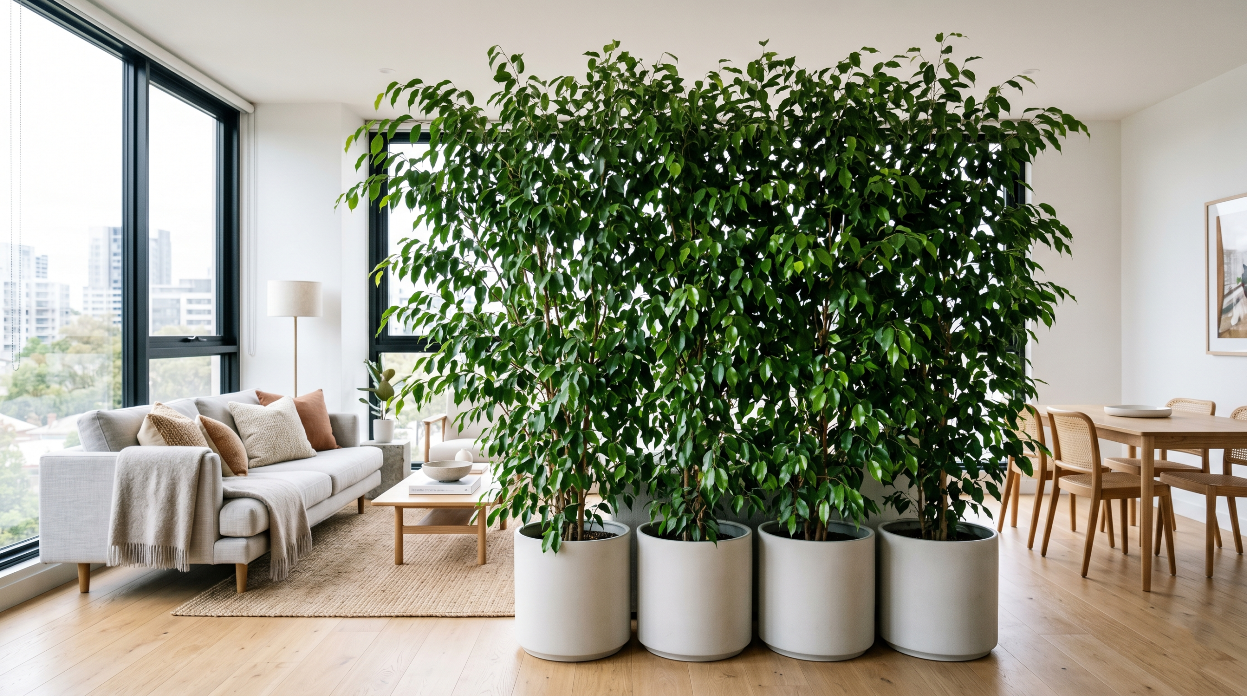 Indoor ficus hedge used as a modern living room divider with decorative planters