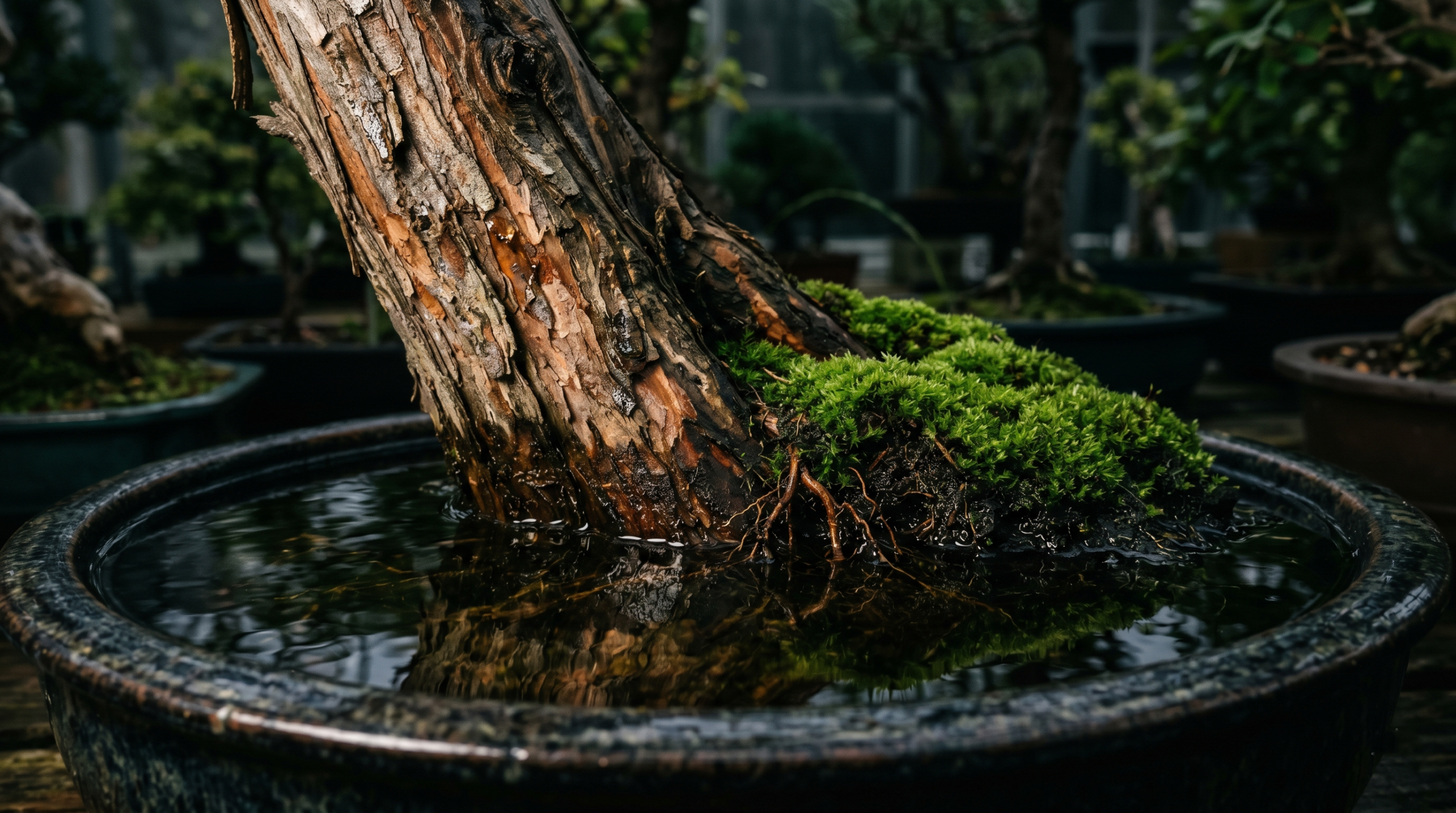 Close-up of a bald cypress bonsai tree pot submerged in a water tray demonstrating the wet foot method for indoor care.