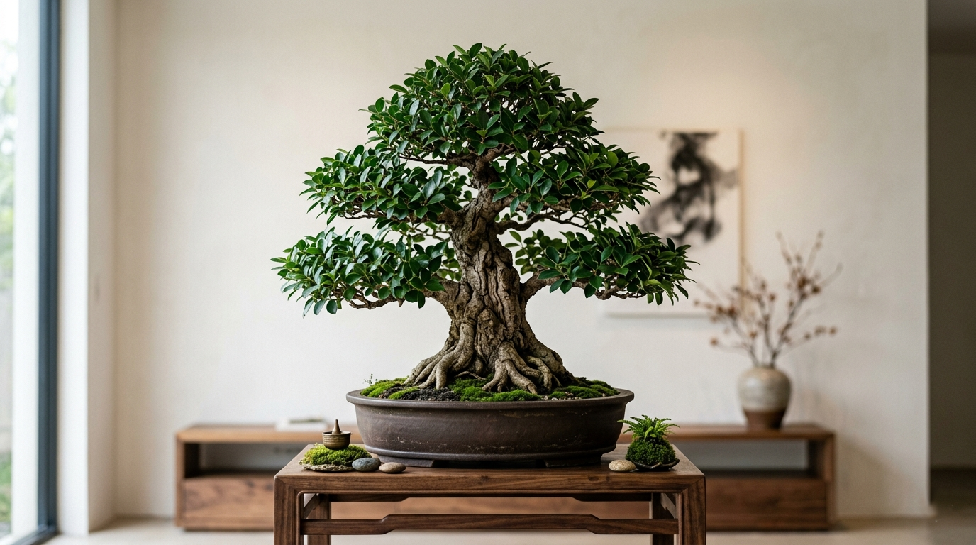 Mature bonsai ficus tree with thick trunk and dense foliage