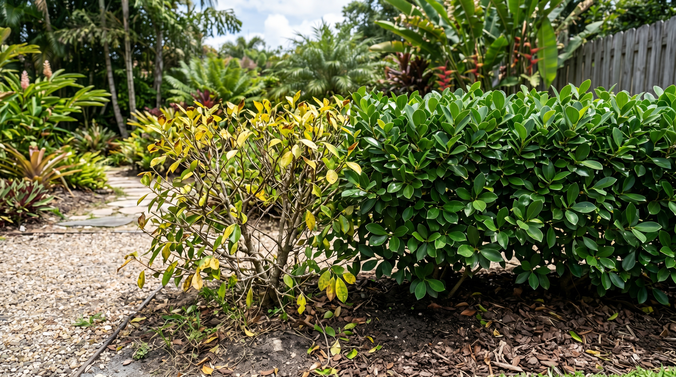 Green island ficus hedge showing yellow leaves and sparse unhealthy growth