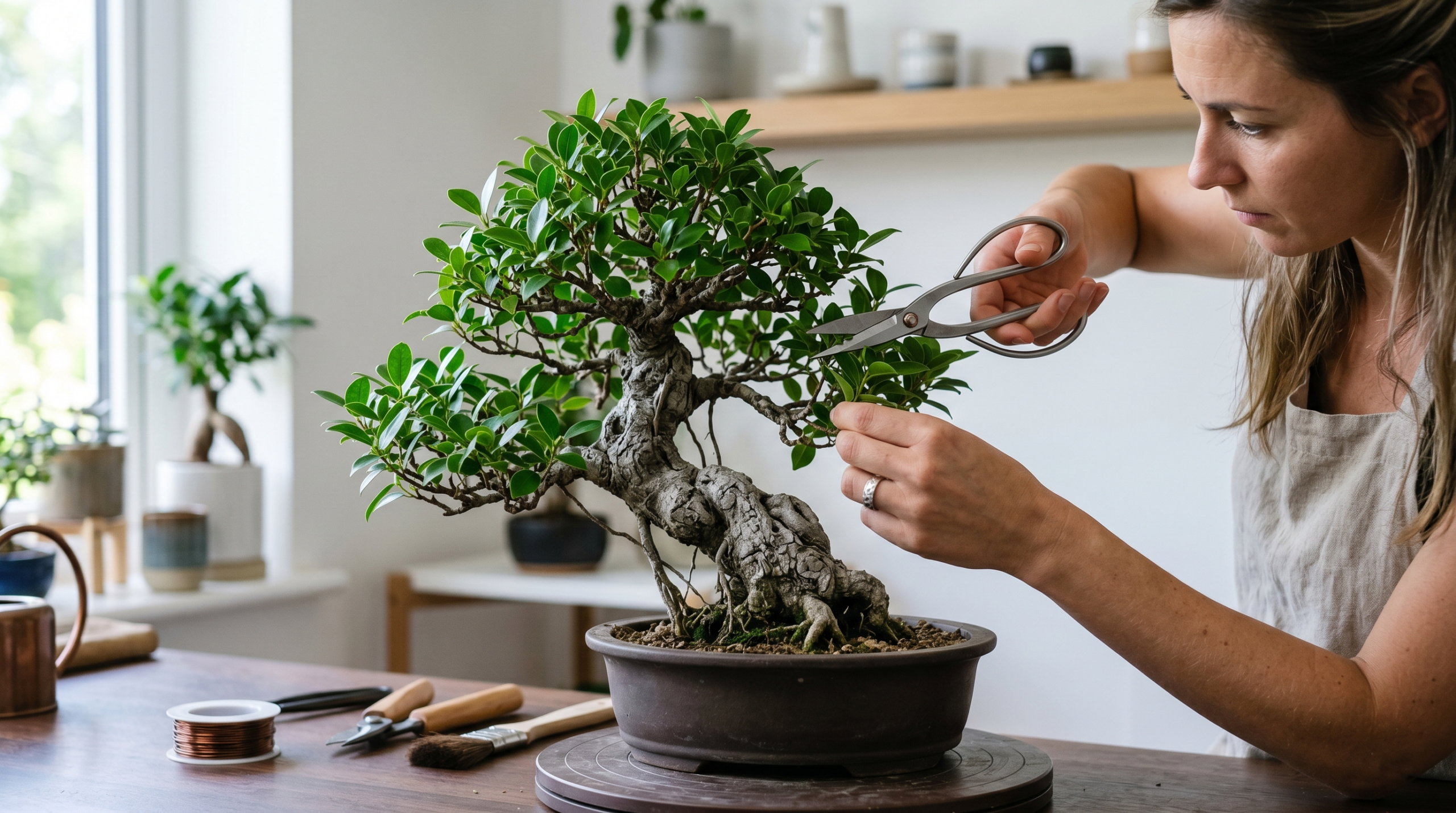 Pruning bonsai di ficus to maintain healthy shape and growth