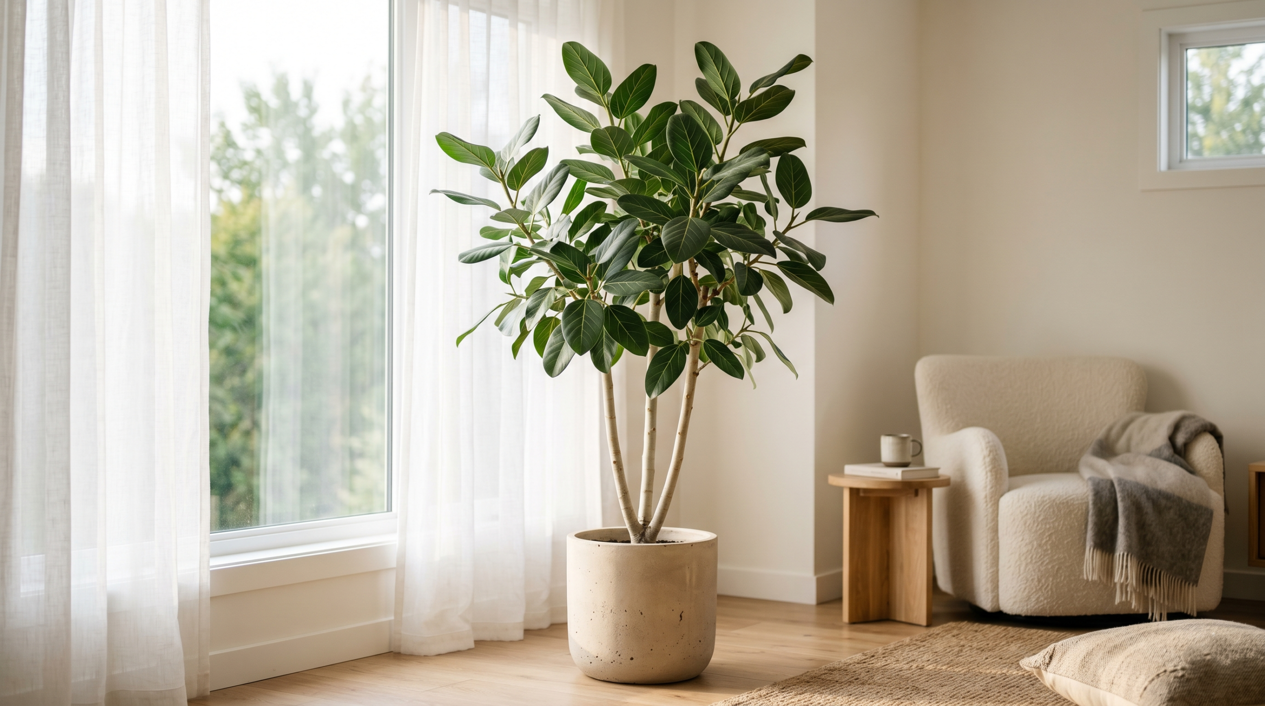 Healthy ficus audrey tree growing indoors near a bright window