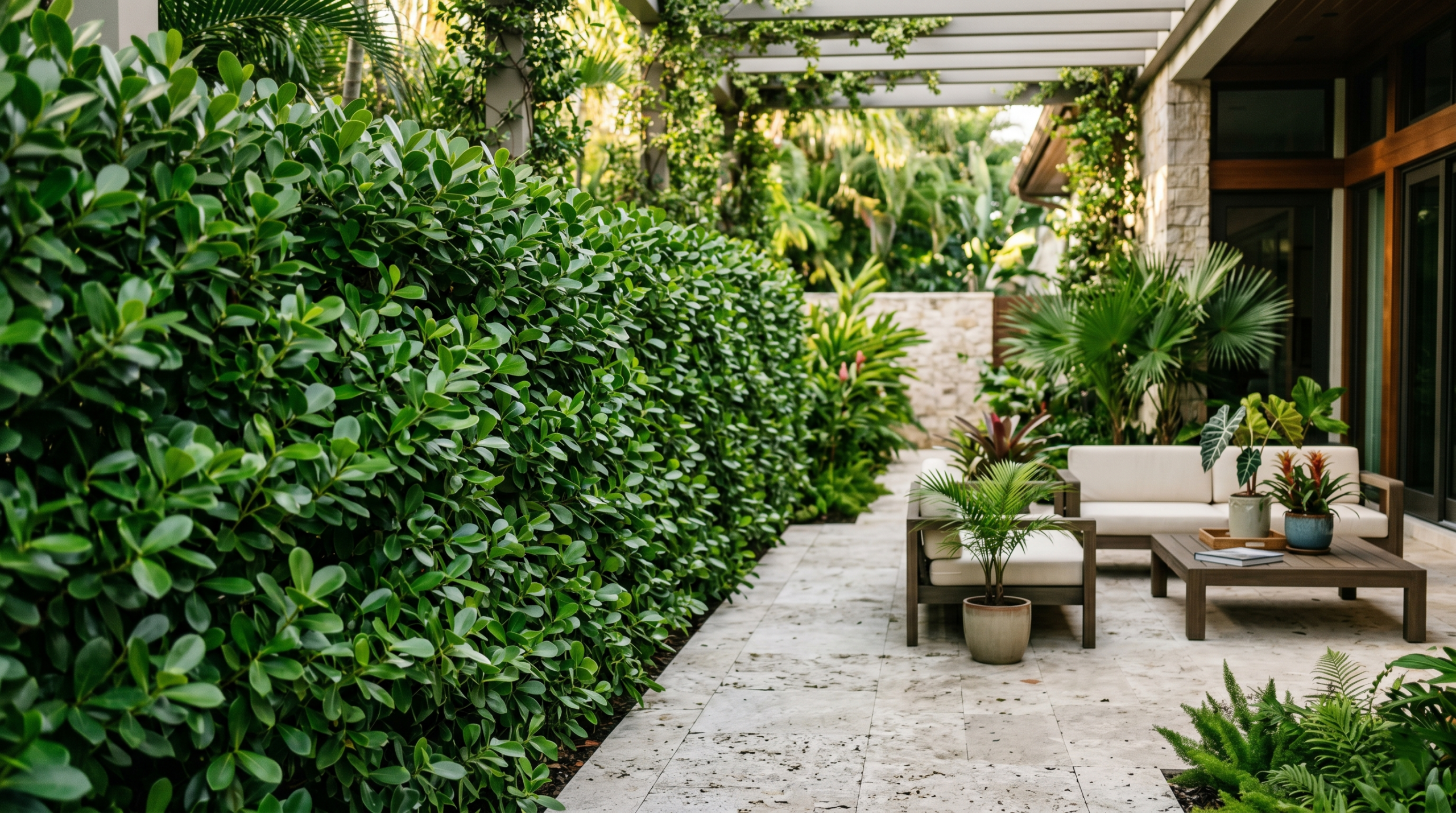 Dense green island ficus hedge used as a tropical privacy screen in a modern backyard
