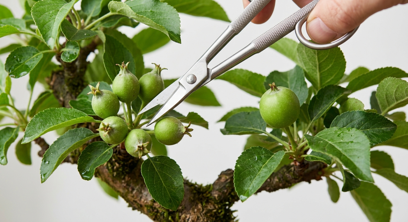 Pruning shears thinning a cluster of small apple bonsai fruit.