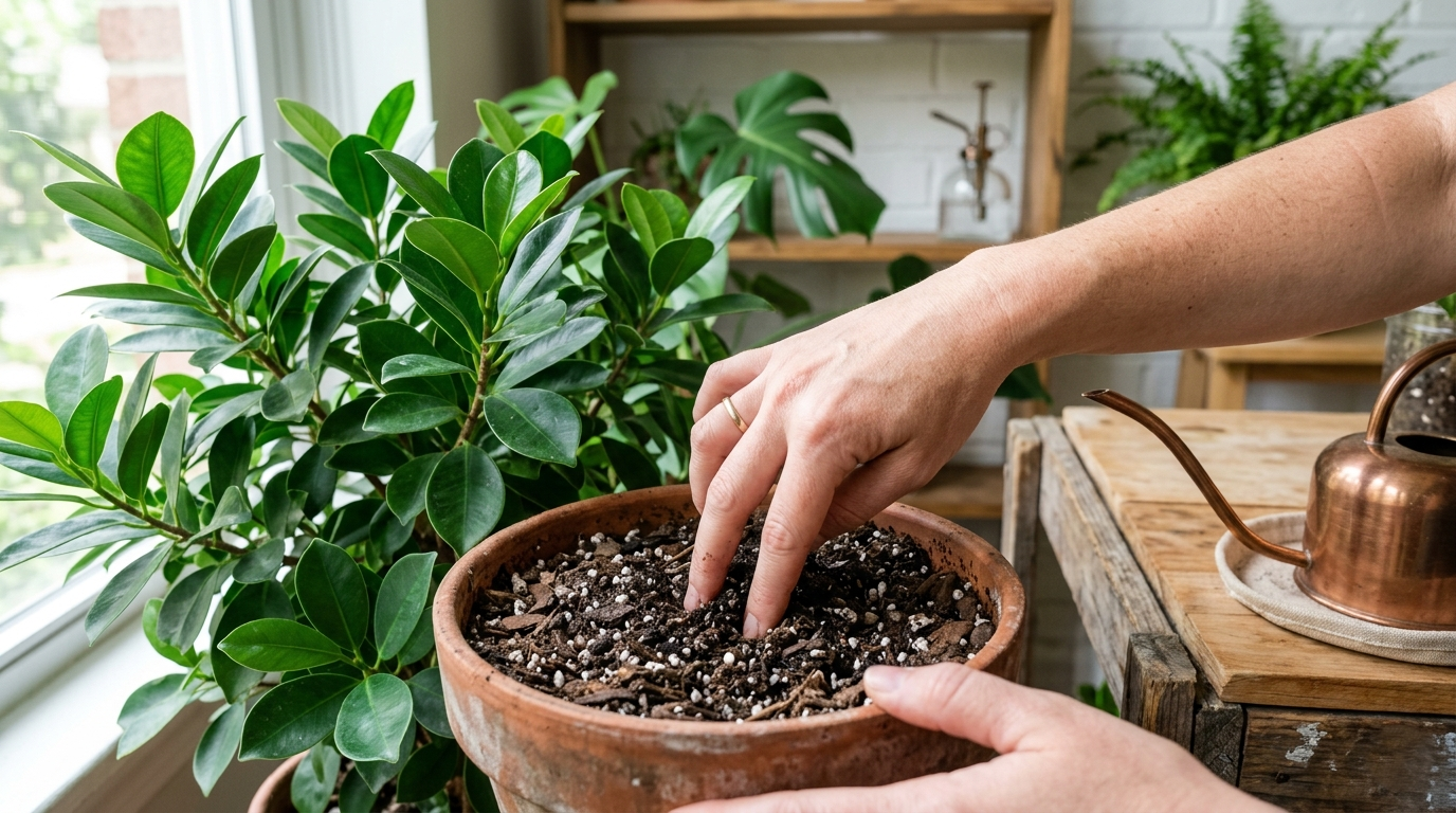 Checking soil moisture before watering a Ficus Moclame plant