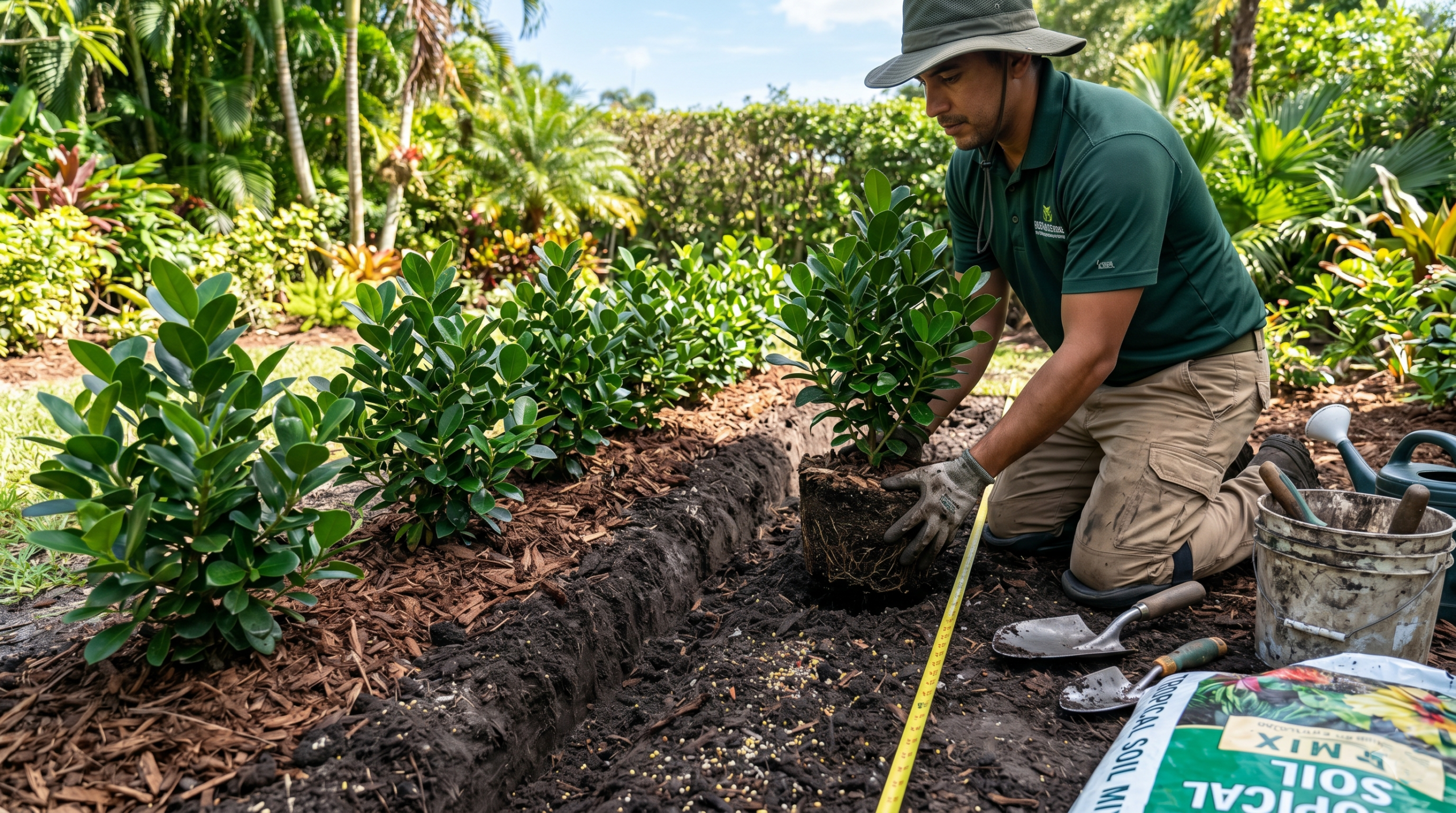 Planting green island ficus hedge with proper spacing and mulch in a tropical garden