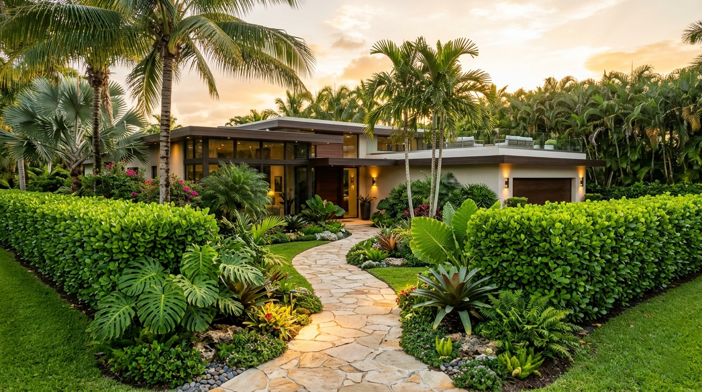 Elegant tropical landscaping design with green island ficus hedges around a modern home