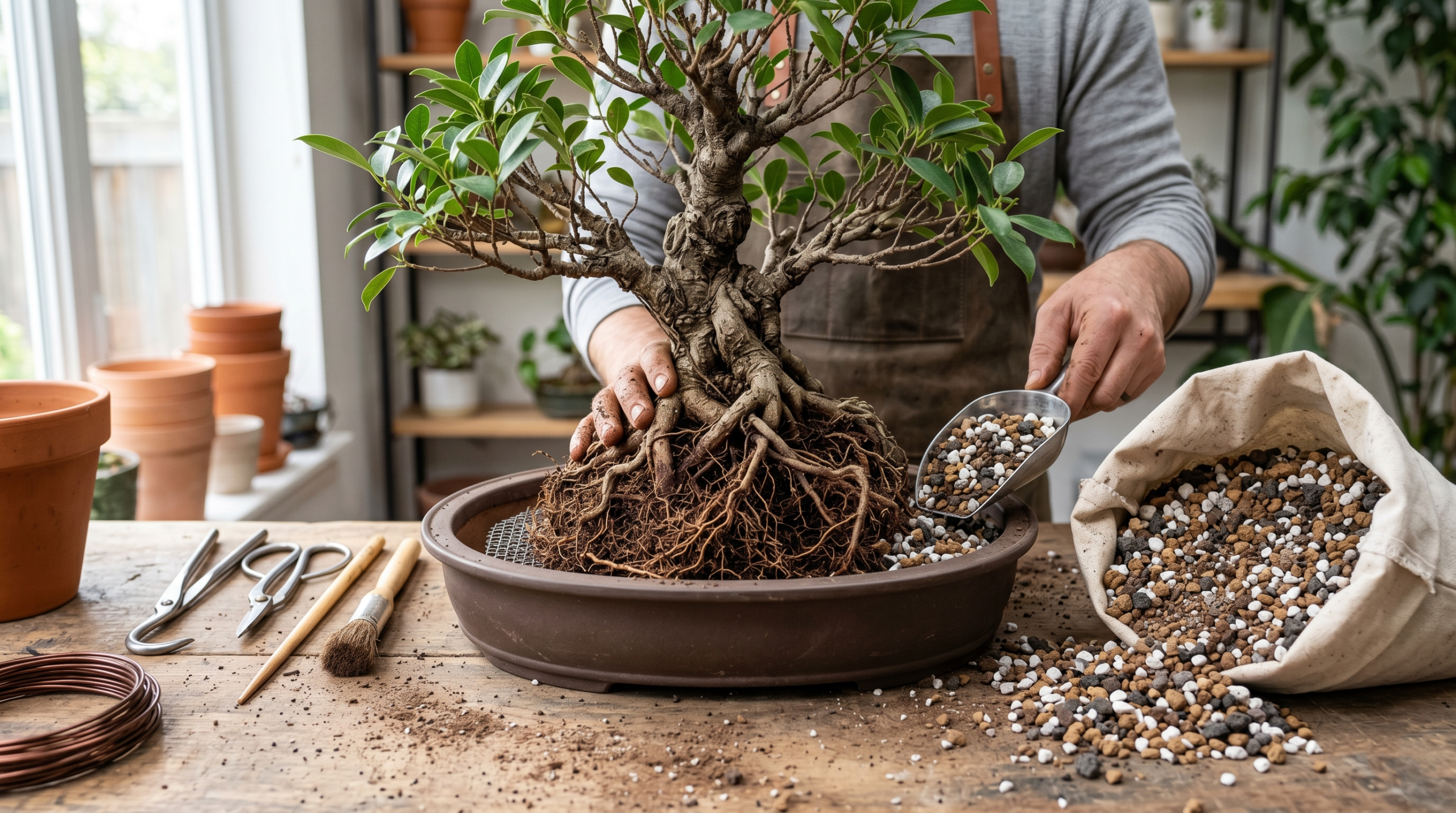 Repotting bonsai ficus tree using fast-draining bonsai soil