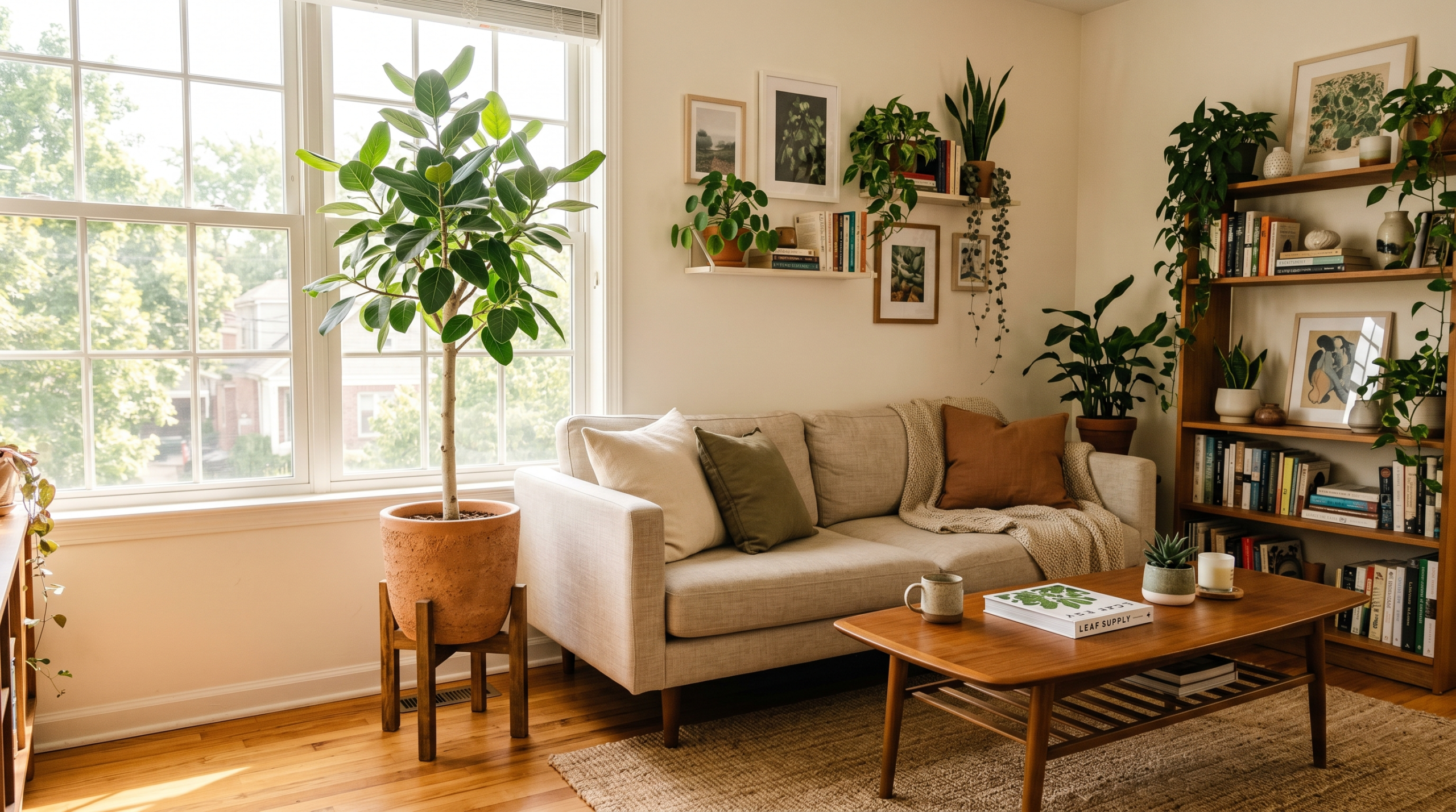 Compact ficus tree decorating a small modern apartment interior