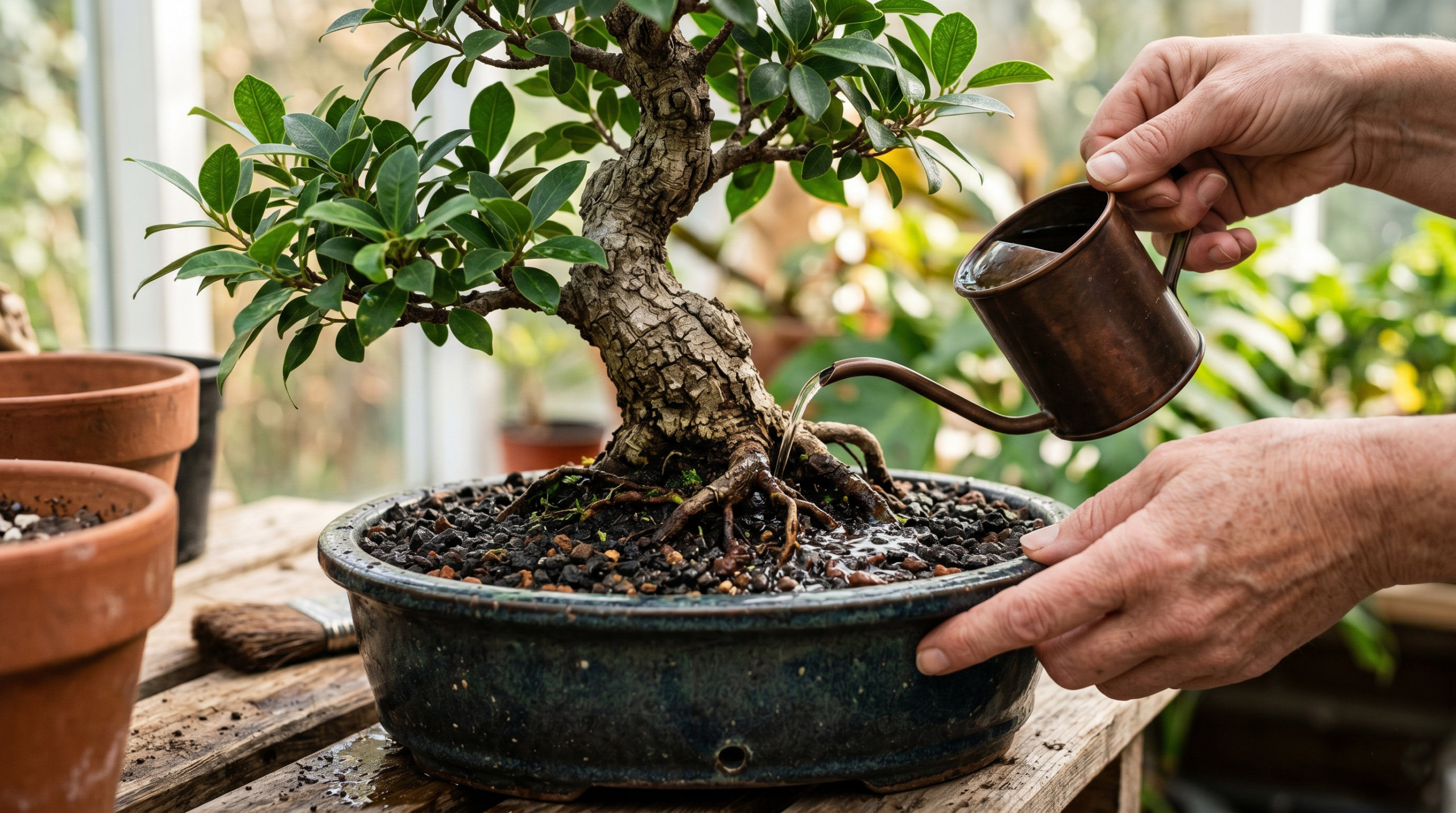 Proper watering technique for bonsai di ficus indoor care