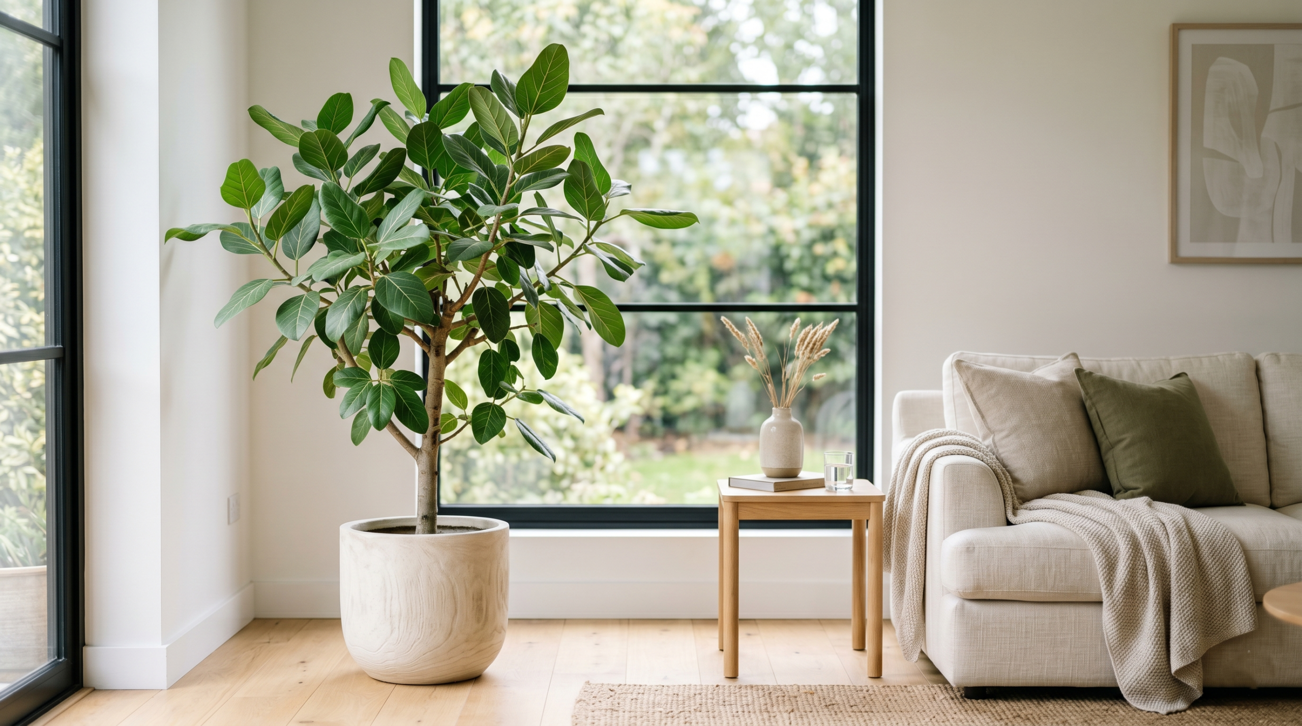 Healthy ficus audrey tree growing indoors near bright indirect sunlight