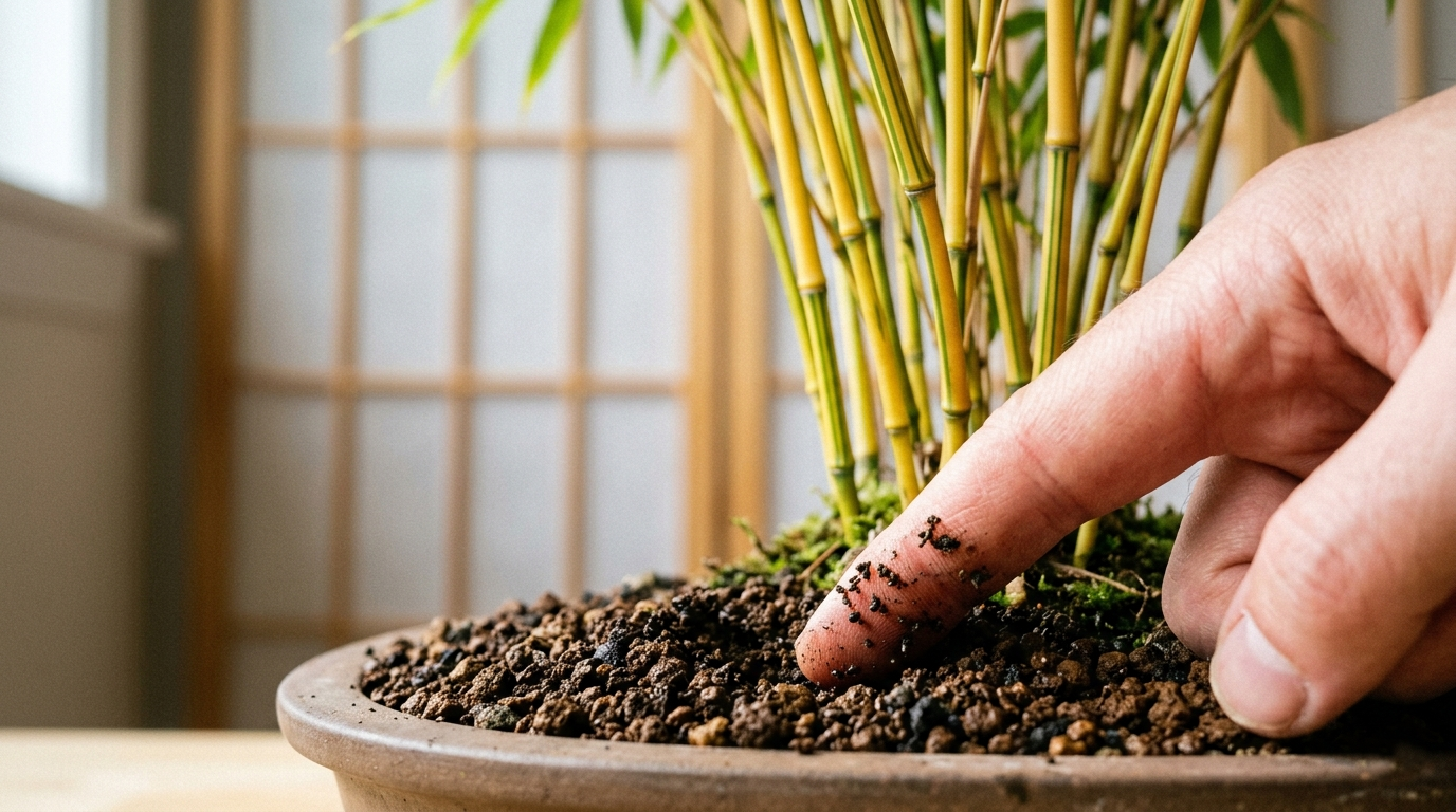 Testing soil moisture in a bamboo bonsai using the tactile finger method.
