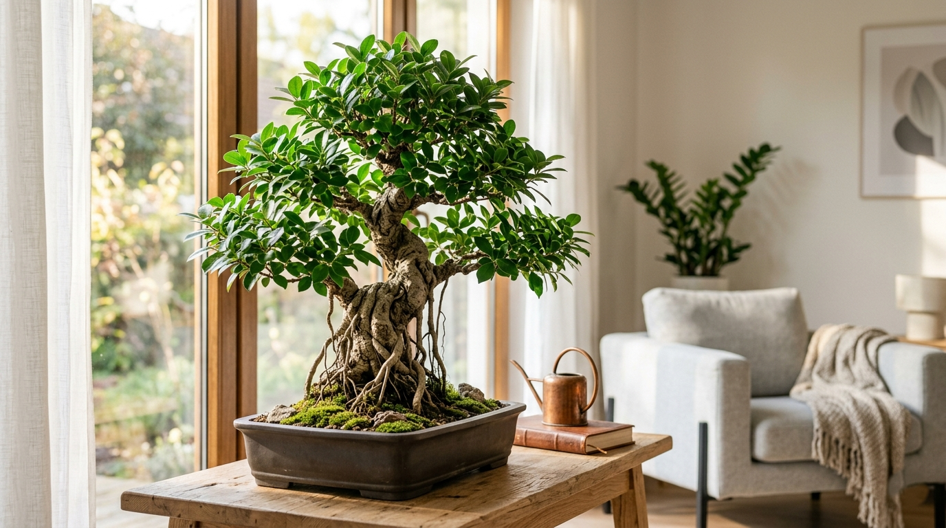 Healthy bonsai ficus tree receiving bright indirect indoor sunlight