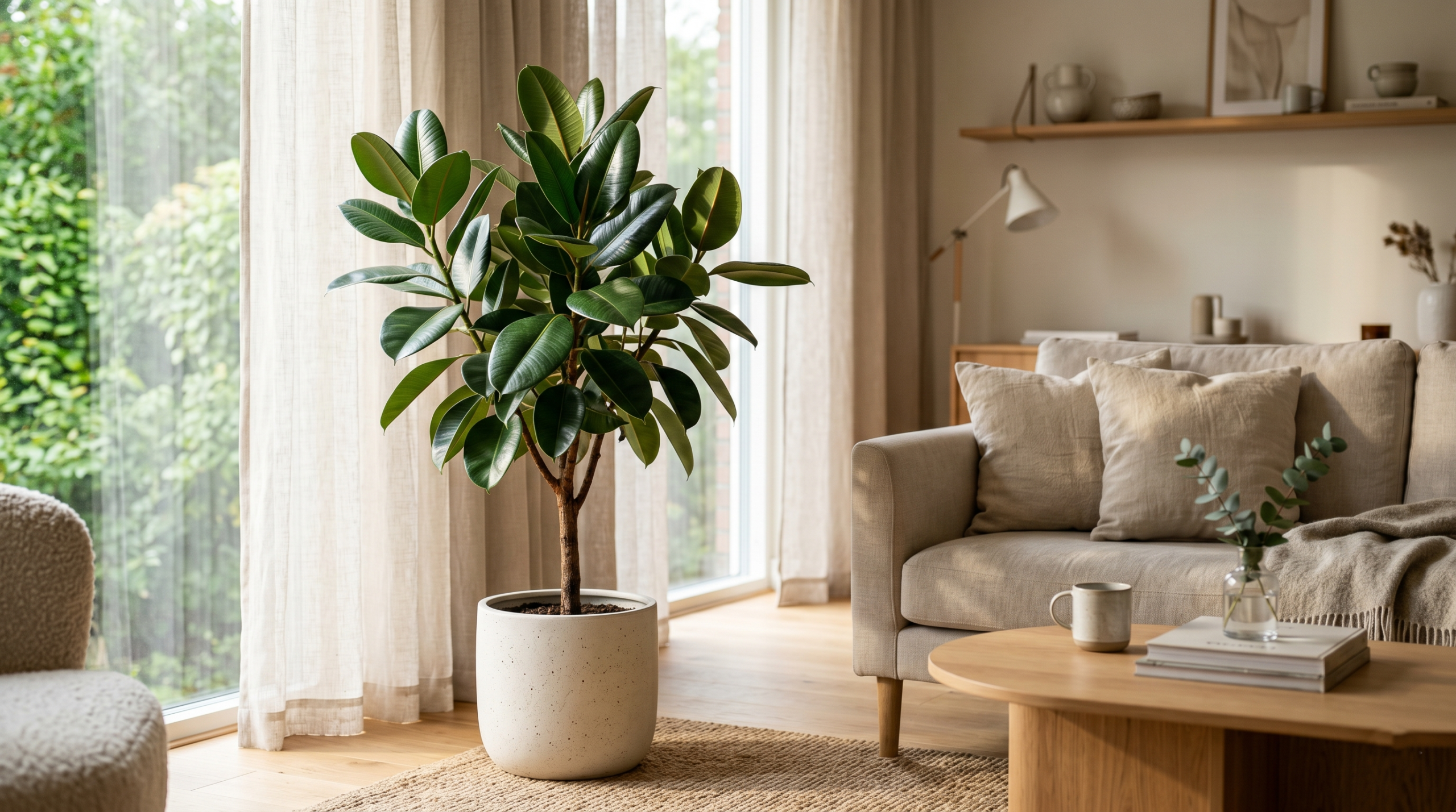 Healthy indoor ficus tree in a modern living room with natural sunlight