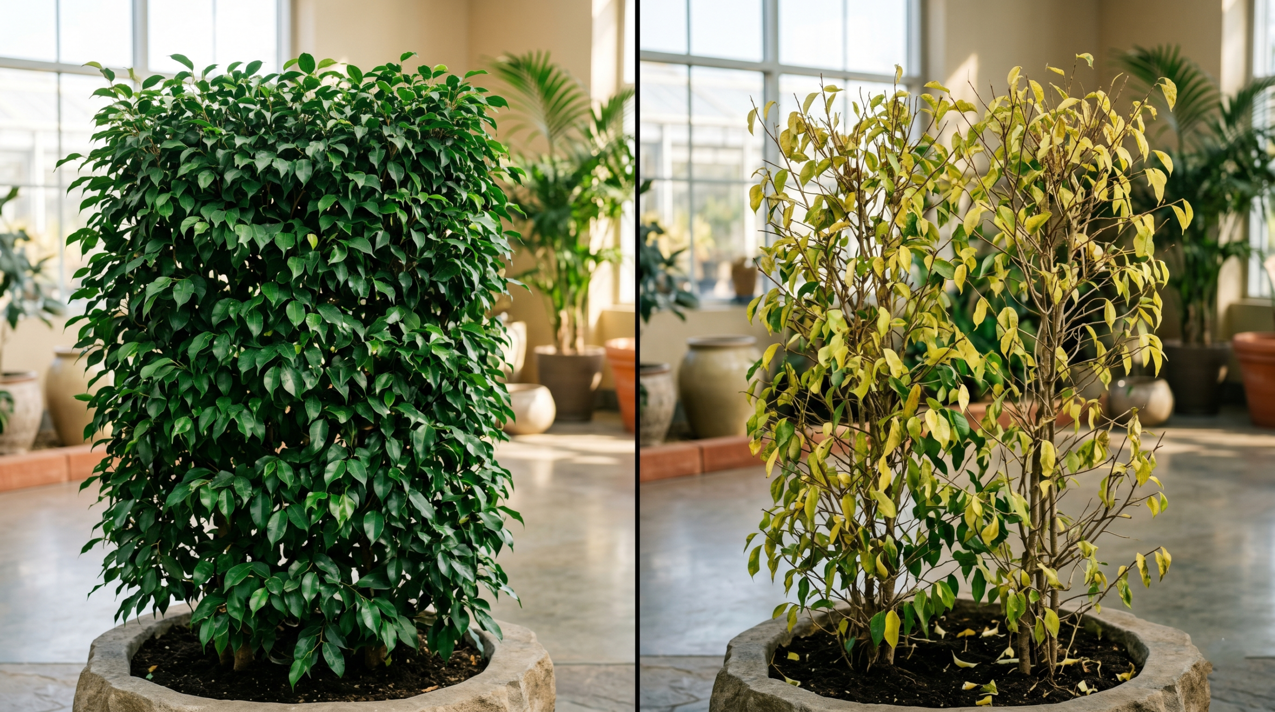 Healthy ficus hedge compared with unhealthy ficus hedge showing yellow leaves and sparse growth