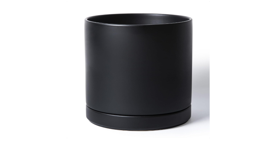 D'vine Dev 12 Inch Ceramic Planter Pot with Drainage Hole and Saucer, Indoor Cylinder Round Planter Pot, Black, 94-O-F-2