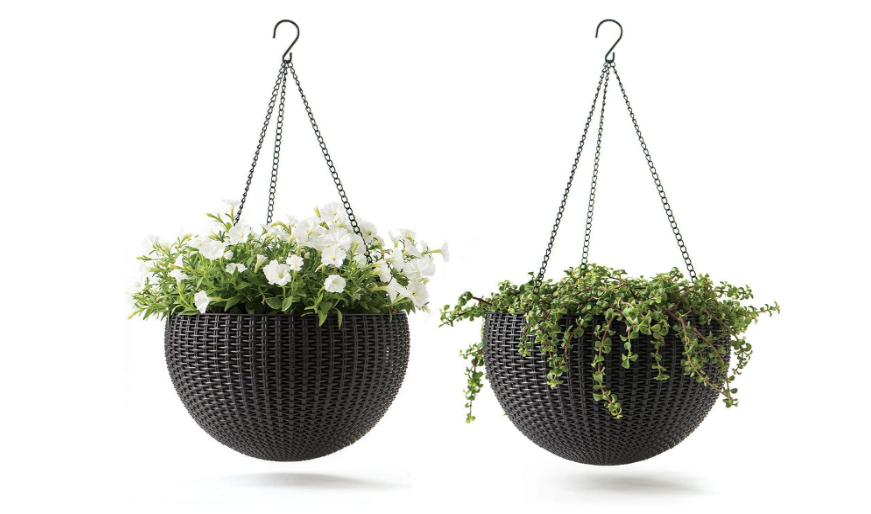Keter Resin Rattan Set of 2 Round Hanging Planter Baskets for Indoor and Outdoor Plants-Perfect for Porches and Patio Decor, Graphite