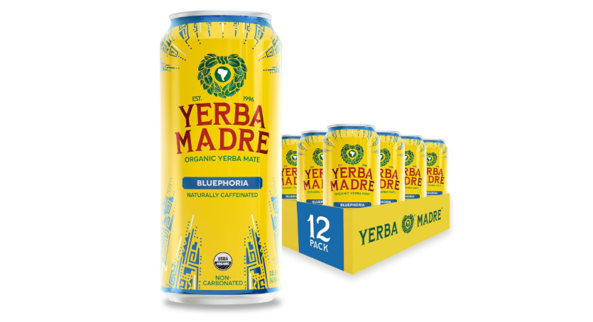 Yerba Madre Organic Yerba Mate, Bluephoria, 150mg Natural Caffeine, Energy Drink Alternative, No Jitters or Crash, 15.5 Oz Cans (Pack of 12)