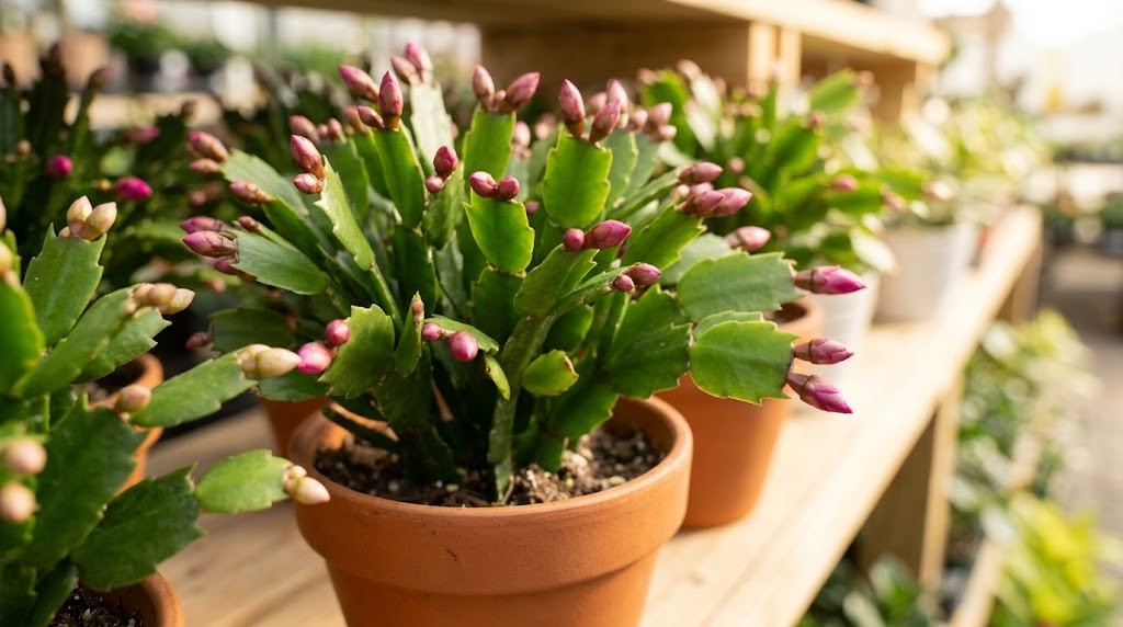 Healthy Thanksgiving cactus in a nursery pot covered in tight, unopened flower buds.